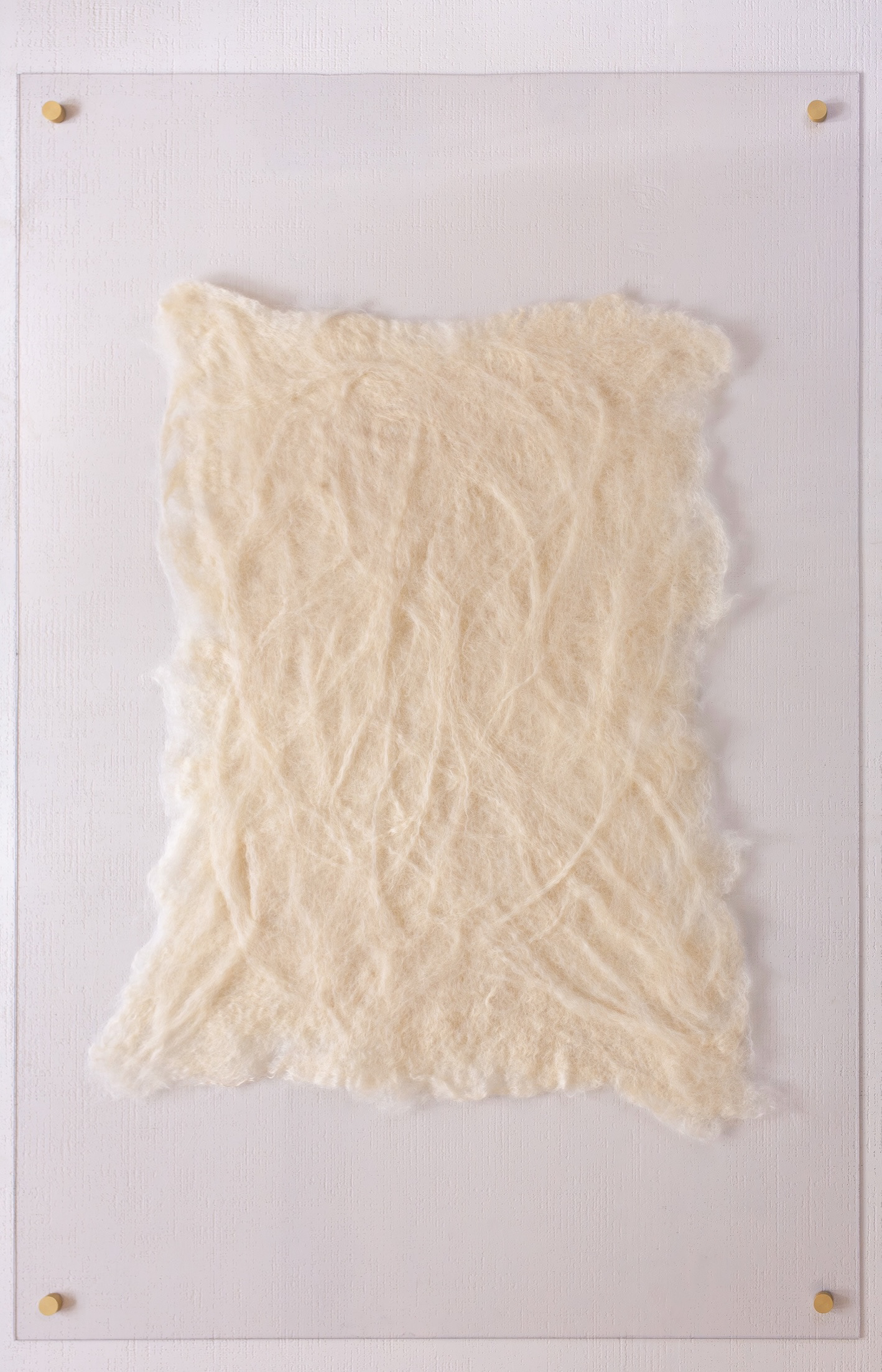 Hand-felted cream wool relief mounted on a clear polycarbonate panel with four brass standoffs, floating against a white wall.