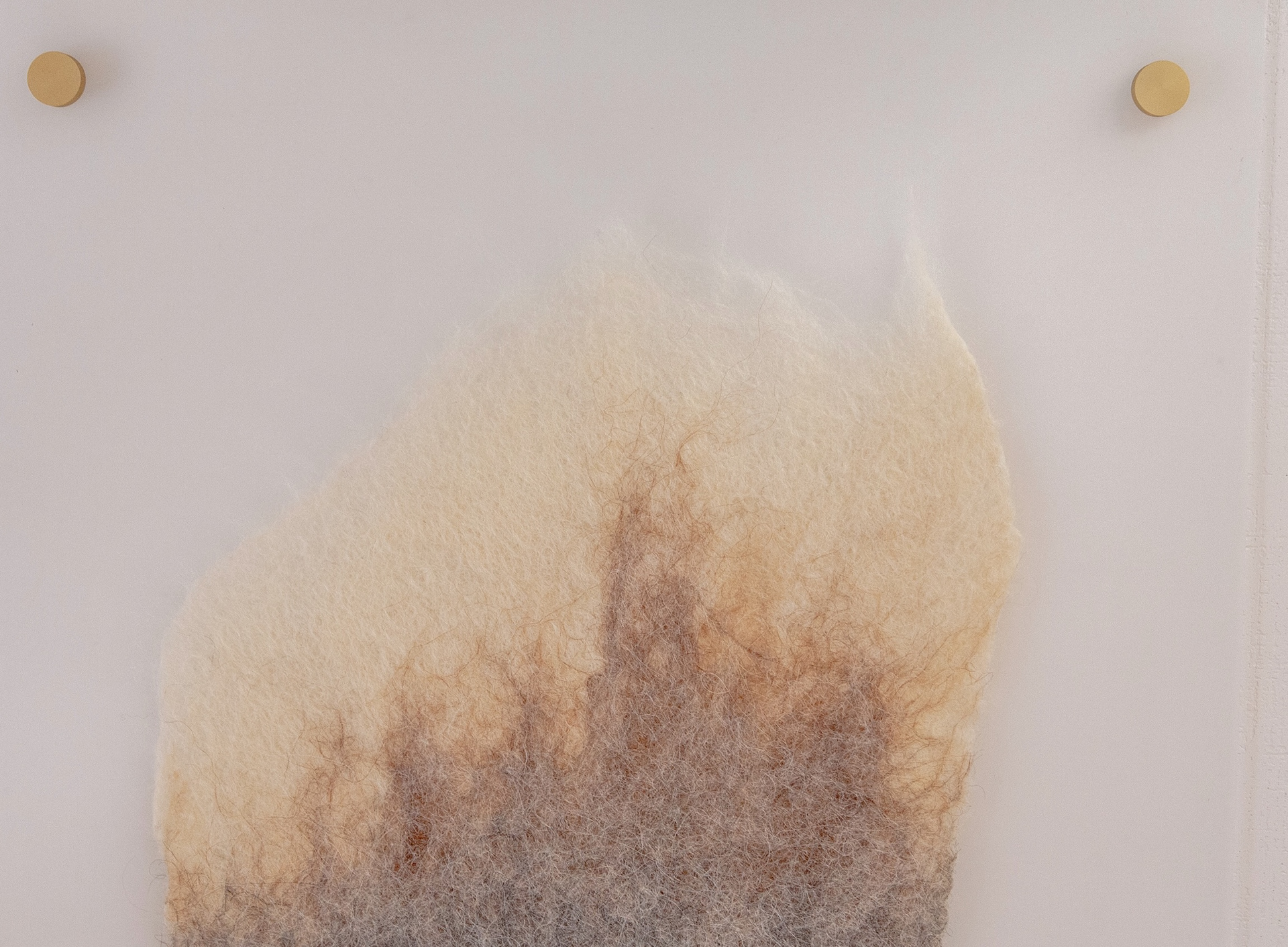 Close-up detail of the felted fiber relief showing wispy wool fibers and a gradient from warm beige to rust and gray, with the clear acrylic mount and gold standoff partially visible.