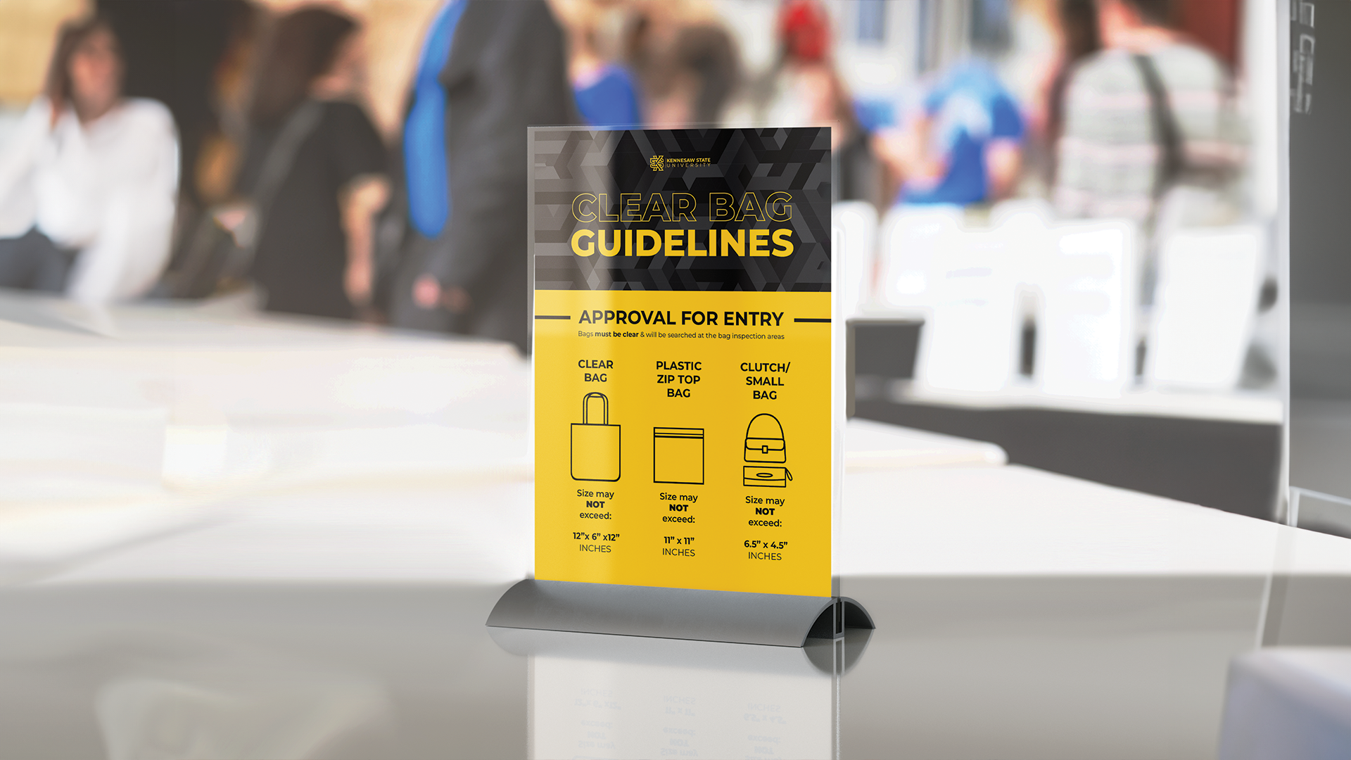 “Clear Bag Guidelines,” flyer, 5 x 7 inches print ad, 2023. This ad describes the university’s guidelines to be able to attend events.