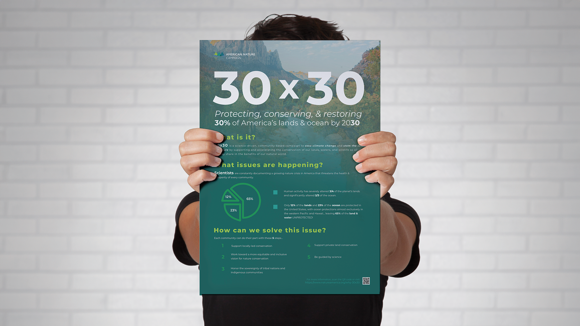 This “30x30” poster describes a nature and wildlife campaign project that’s intended to make people want to help save 30% of the earth by the year 2030. Print Ad. Fall 2023. Photo Credit: Michael Block from the Pexel website. 