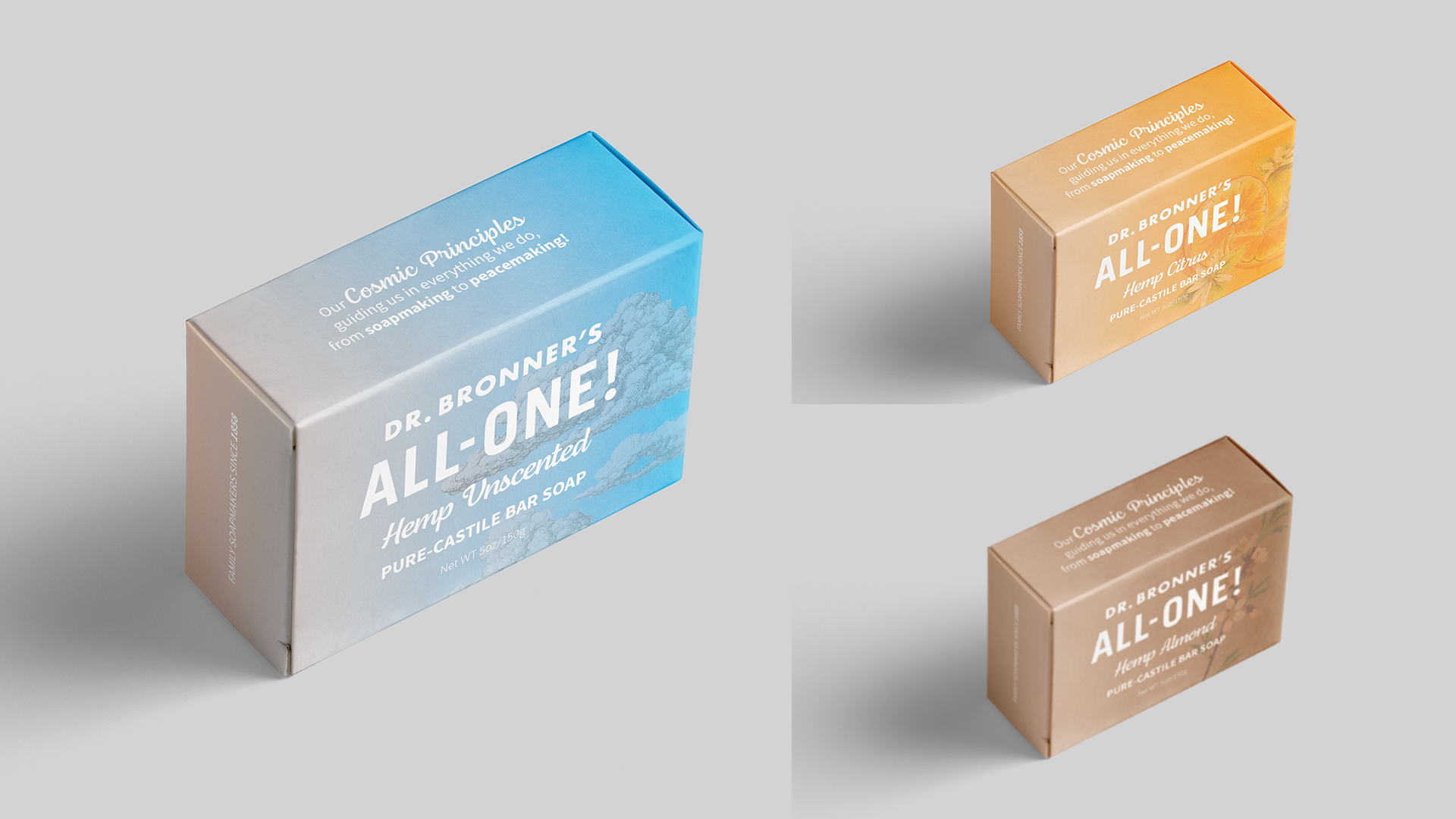 This specific “Dr. Bronner’s ALL-IN-ONE Bar Soap” piece shows a potential re-design option for the natural soap company’s packaging. Advertisement & packaging. Summer 2023.