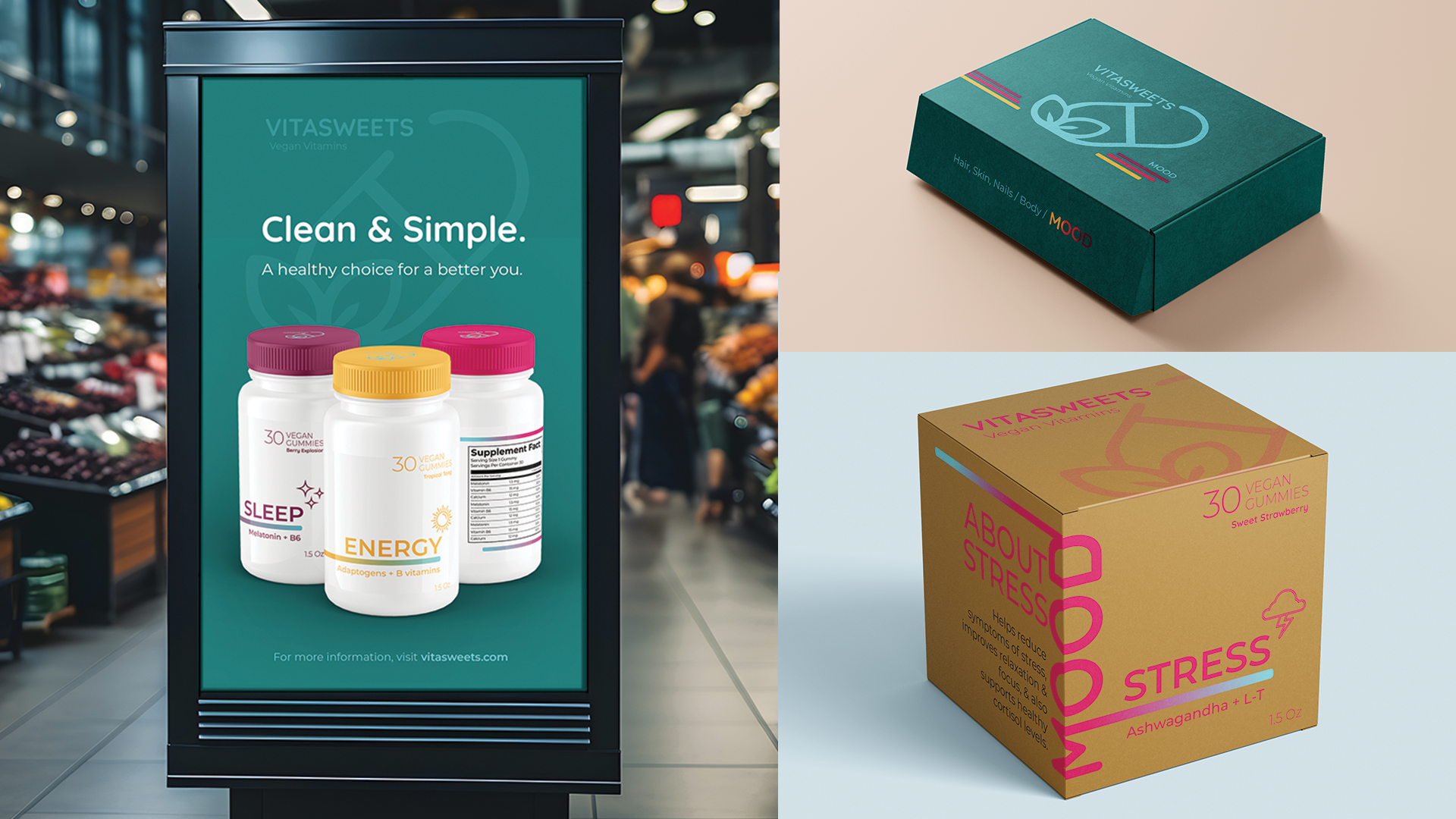 “Vitasweets” is vitamin brand I created. This is an ad which shows a simple, yet effective and inticing design for a possible vitamin company’s products and slogan. Print Ad. Summer 2023. 