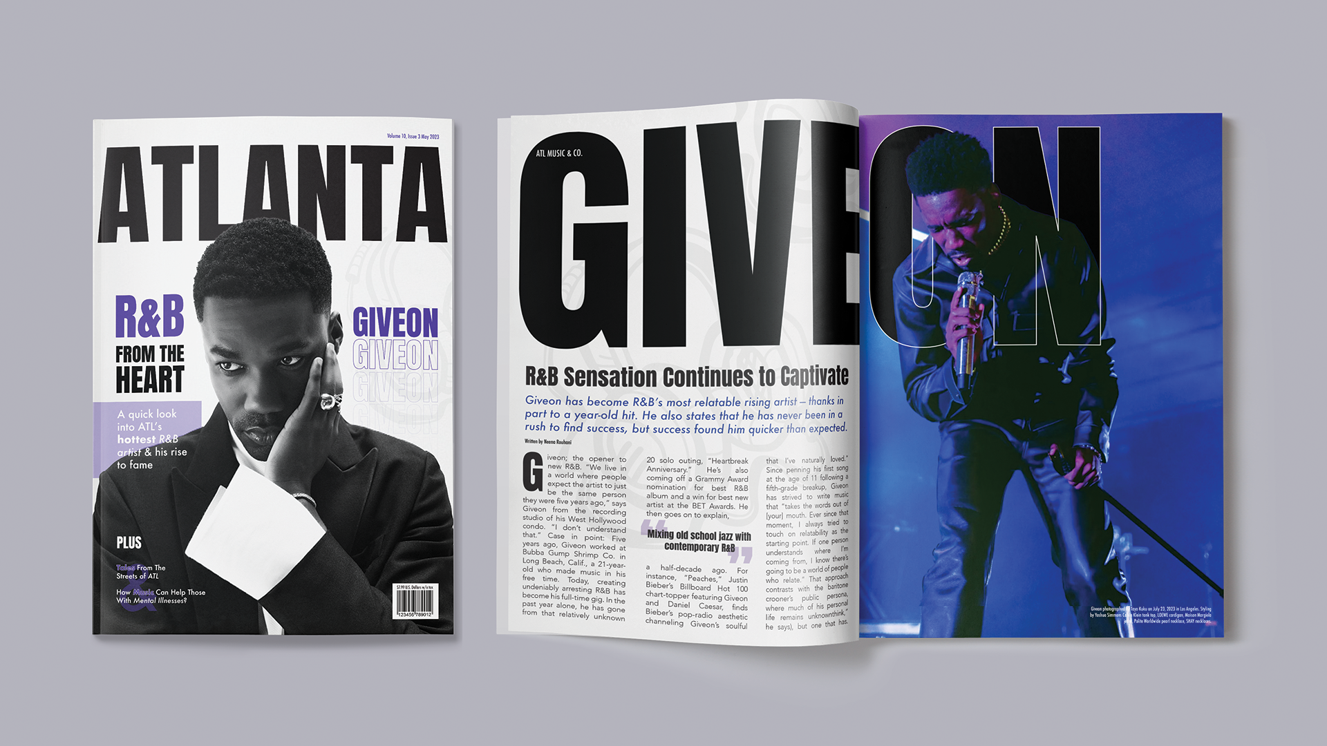 This “Giveon” piece is an Atlanta based magazine cover and spread. It represents an R&B artist, and events based out of Atlanta, GA. Print publication. Fall 2023. Photo Credit: Katie Child & Megan Armstrong.