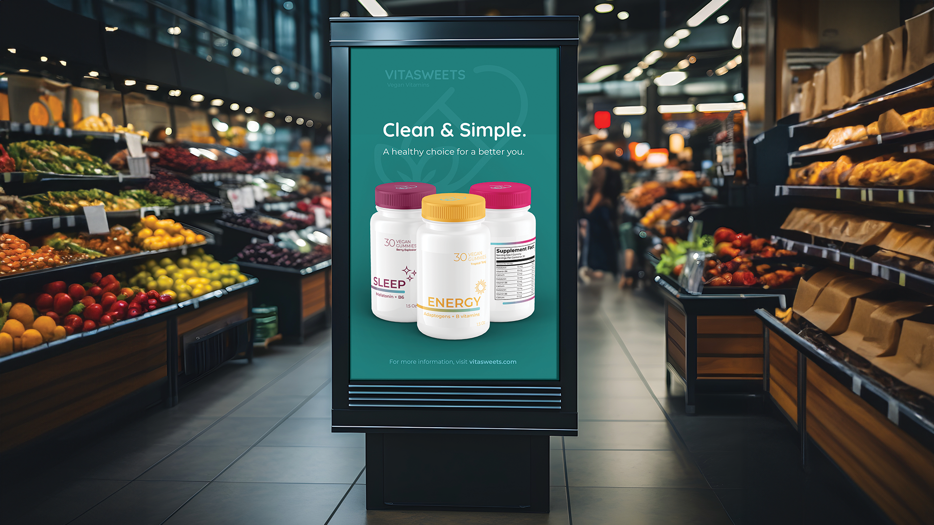 “Vitasweets,” poster display, 12 x 18 inches print ad, 2023. This ad shows a simple design for a vitamin company’s products and slogan.