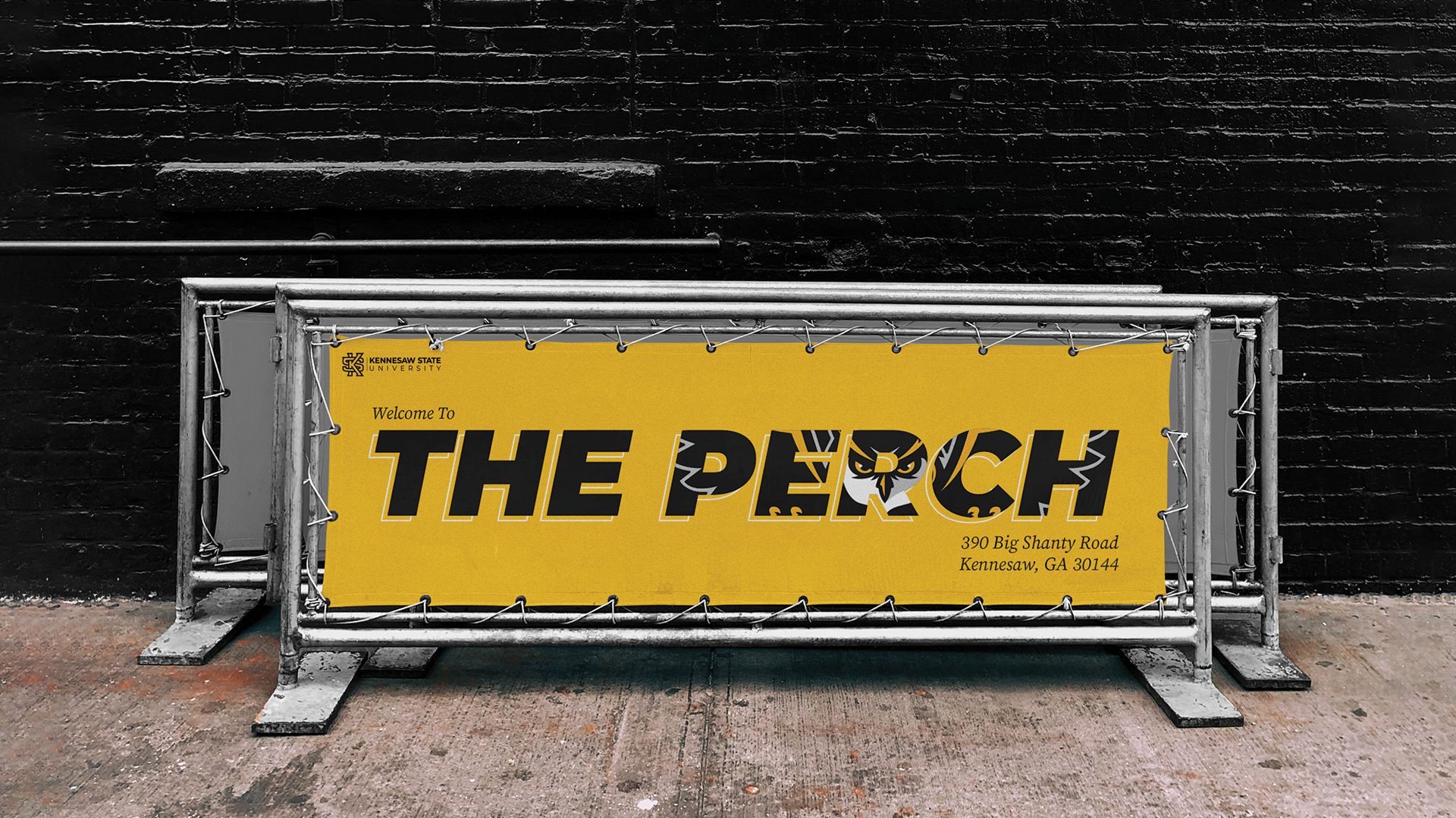 “The Perch,” banner, 4 x 10 feet print ad, 2023. This banner using the university’s brand guidelines to state a specific location within a large venue.