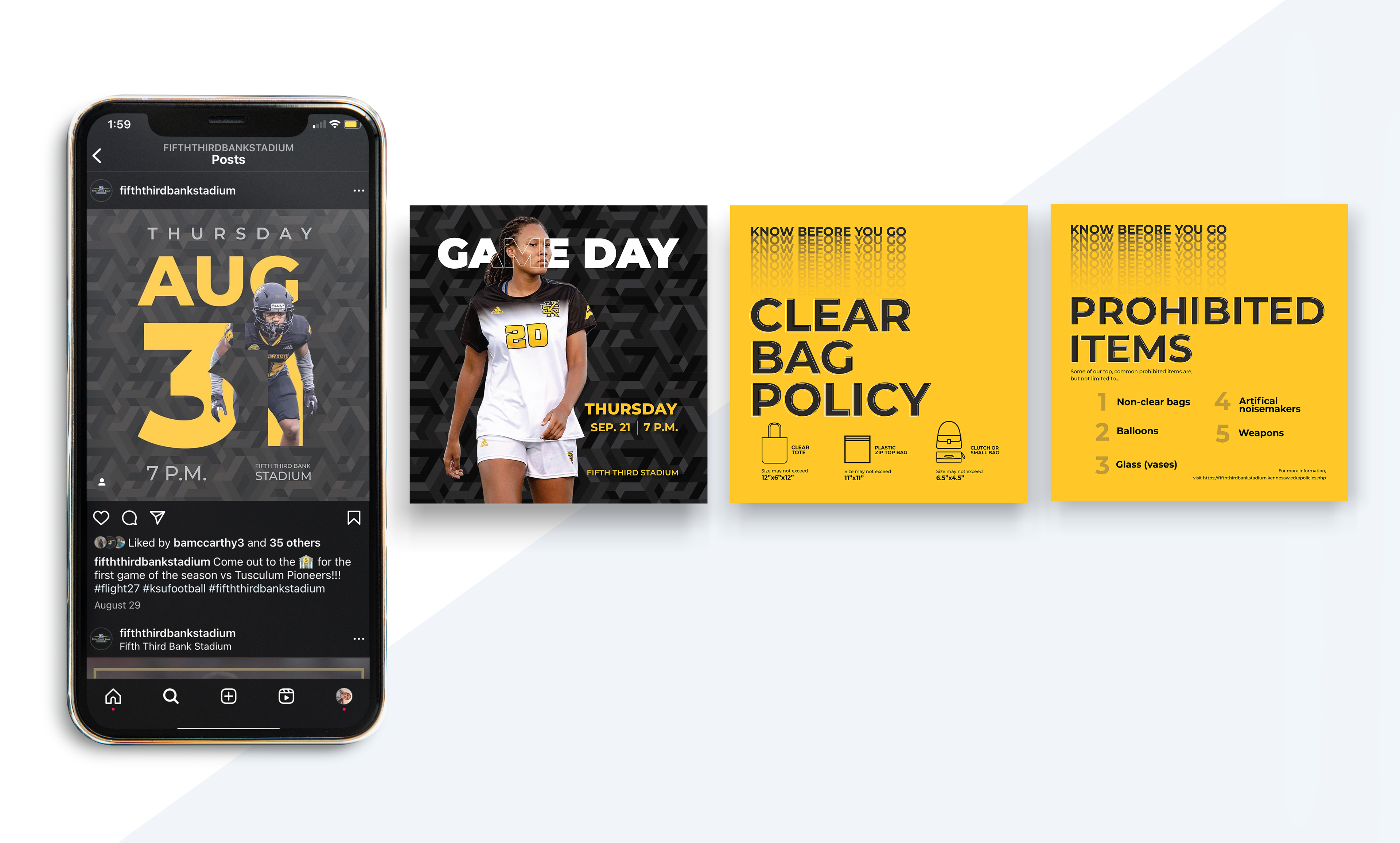 “Fifth Third Stadium” is social media graphic that promotes the stadium events and rules that occur at this specific venue while using the University’s brand guidlines. Digital ad. Fall 2023. Photo Credits: Kennesaw State University’s media graph.