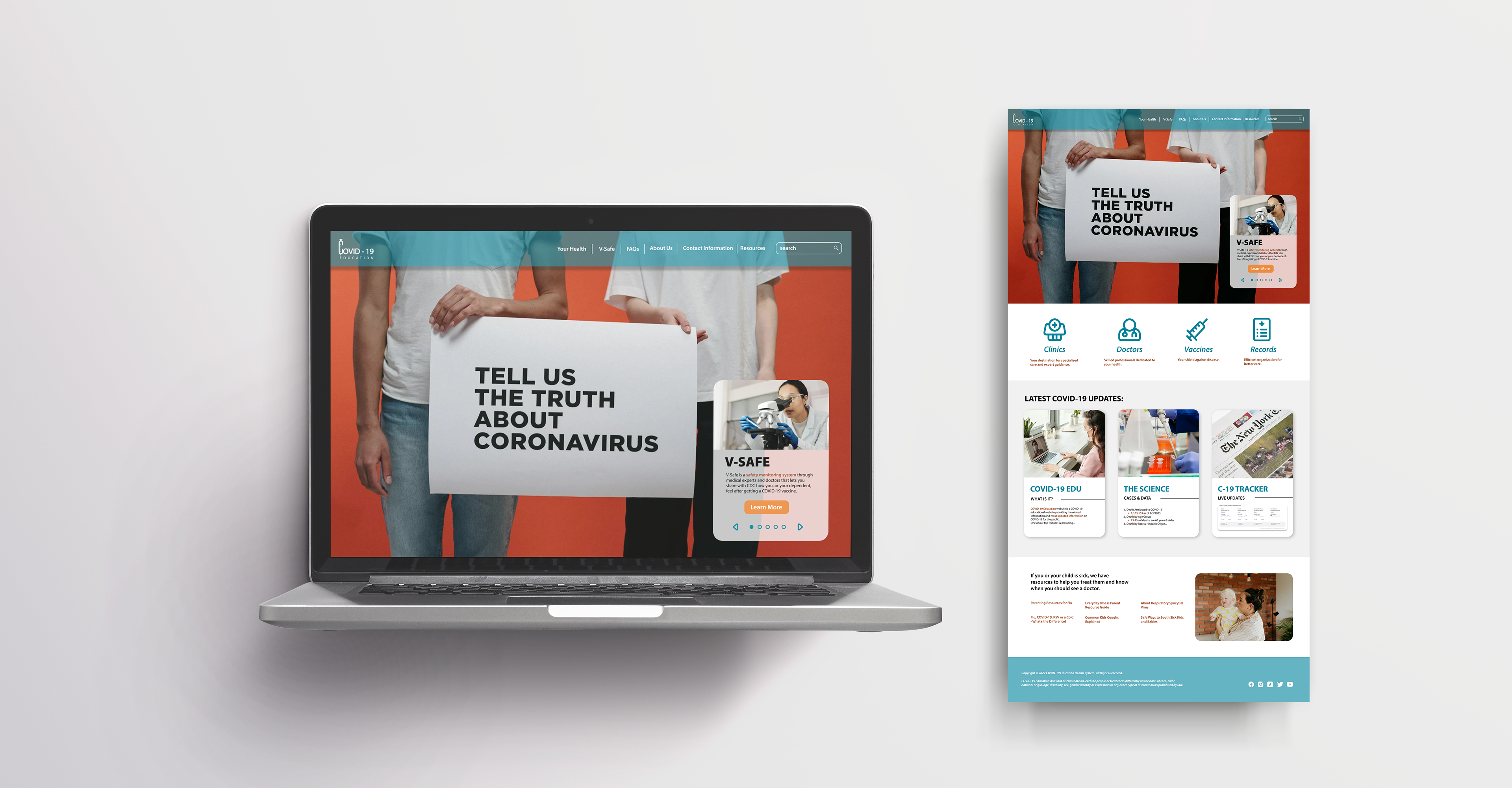 “COVID-19” is a self made brand turned into a website and app design for educational awareness of the COVID-19 virus. Digital Prototype. Spring 2023. Photo Credit: cottonbro studio from the Pexel website.