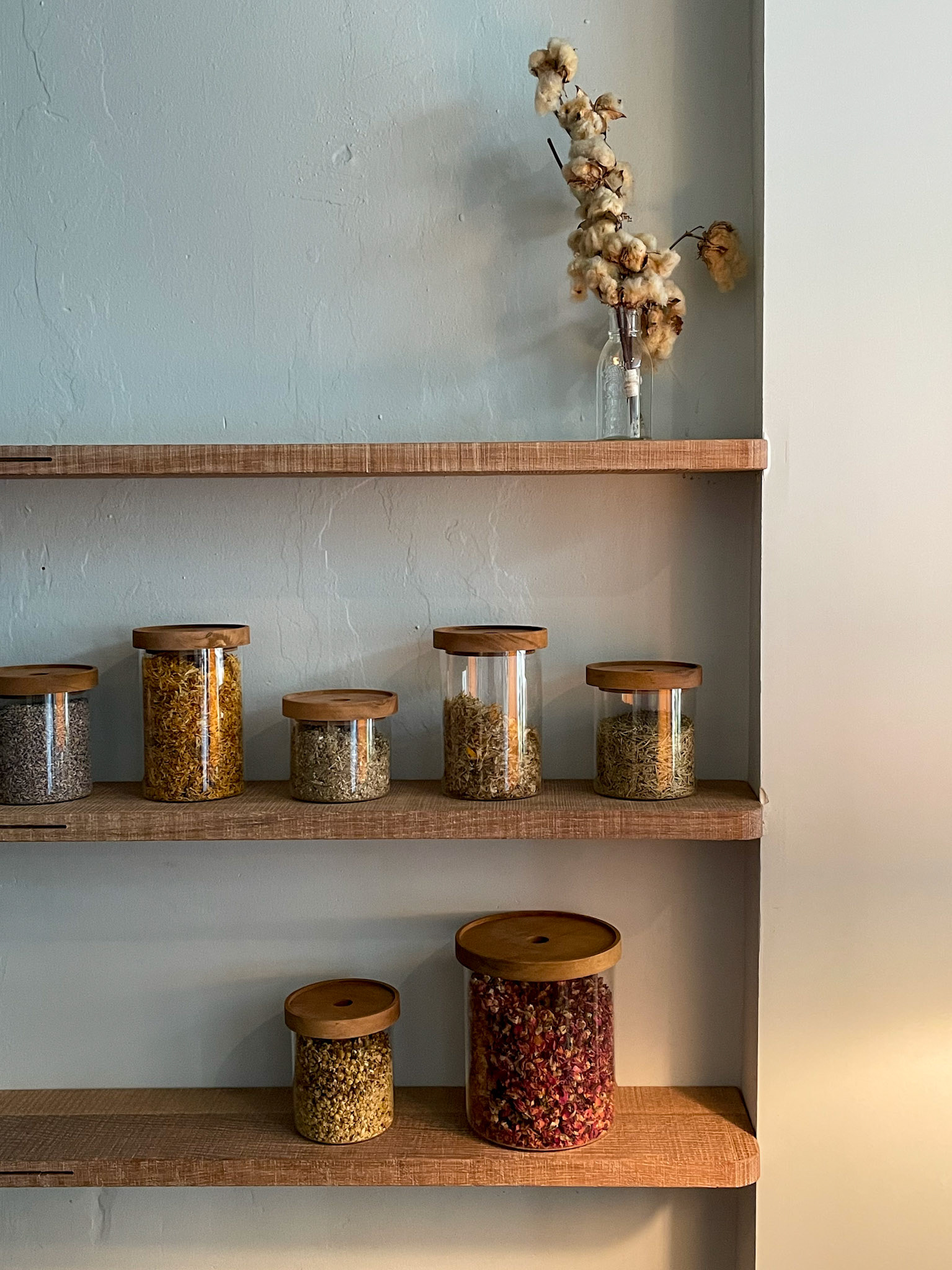 floating distressed white oak shelving