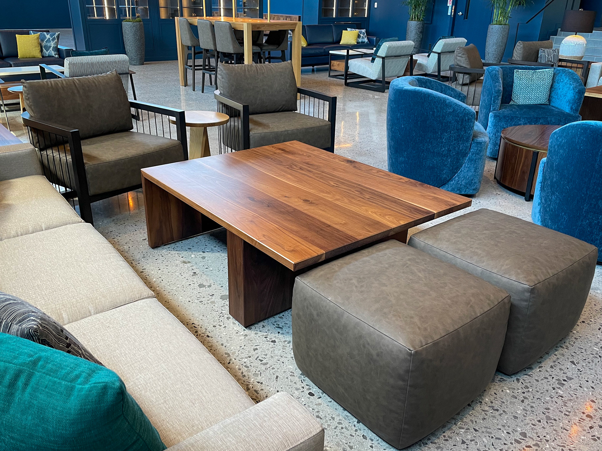 walnut coffee table with cantilevered stool storage