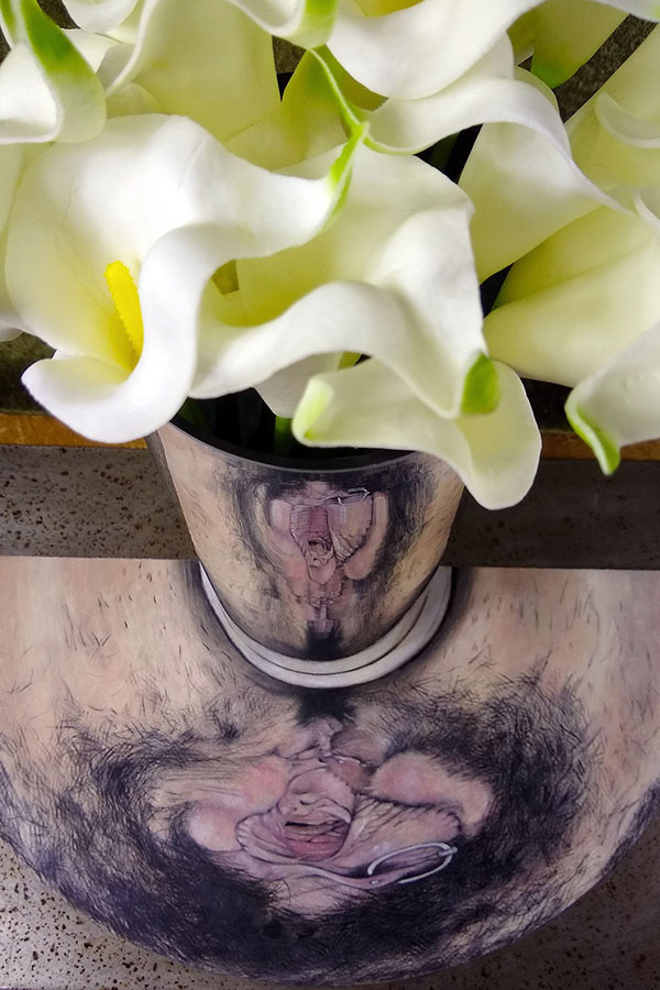 "Anamorphic Lilies" . . . Oil and resin on 12" x 18" sheet of metal with mirrored glass vase and fake flowers  2021 . . . $750
