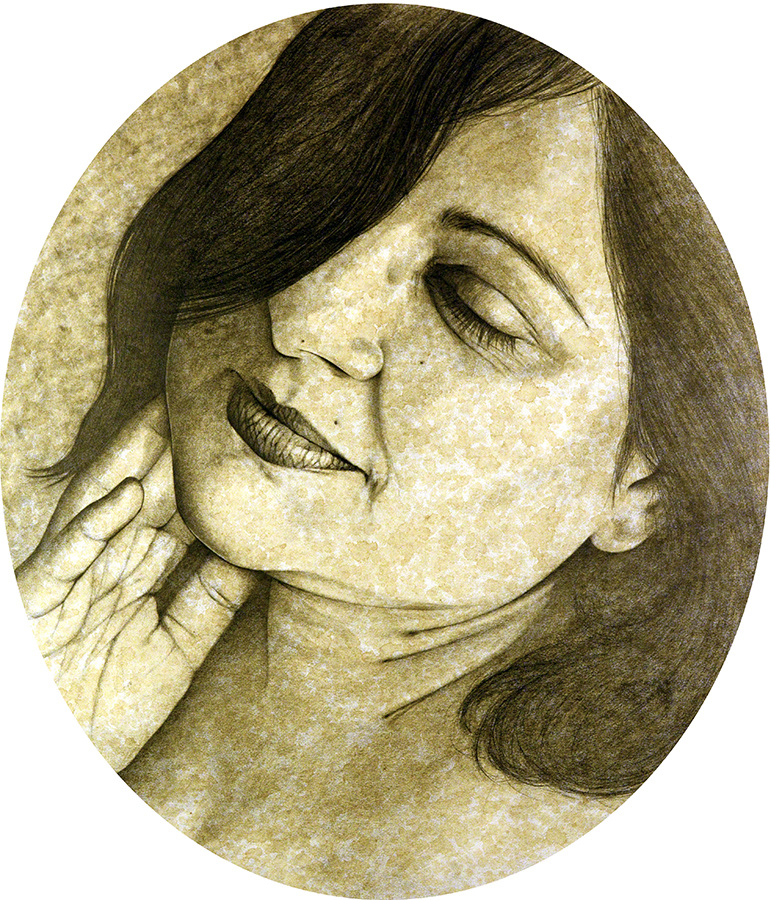 "Daunsel" Graphite and coffee on . . . 19" x 16" art board cut to oval 2017 . . . $350