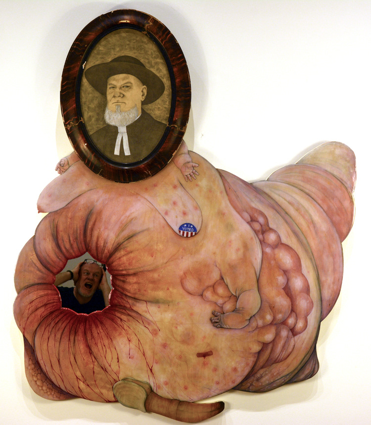 "Through a glASS Darkly (a self-portrait)" . . . Oil on size? Large bastard wood panel, mirror and art board 2018 . . .  $1250