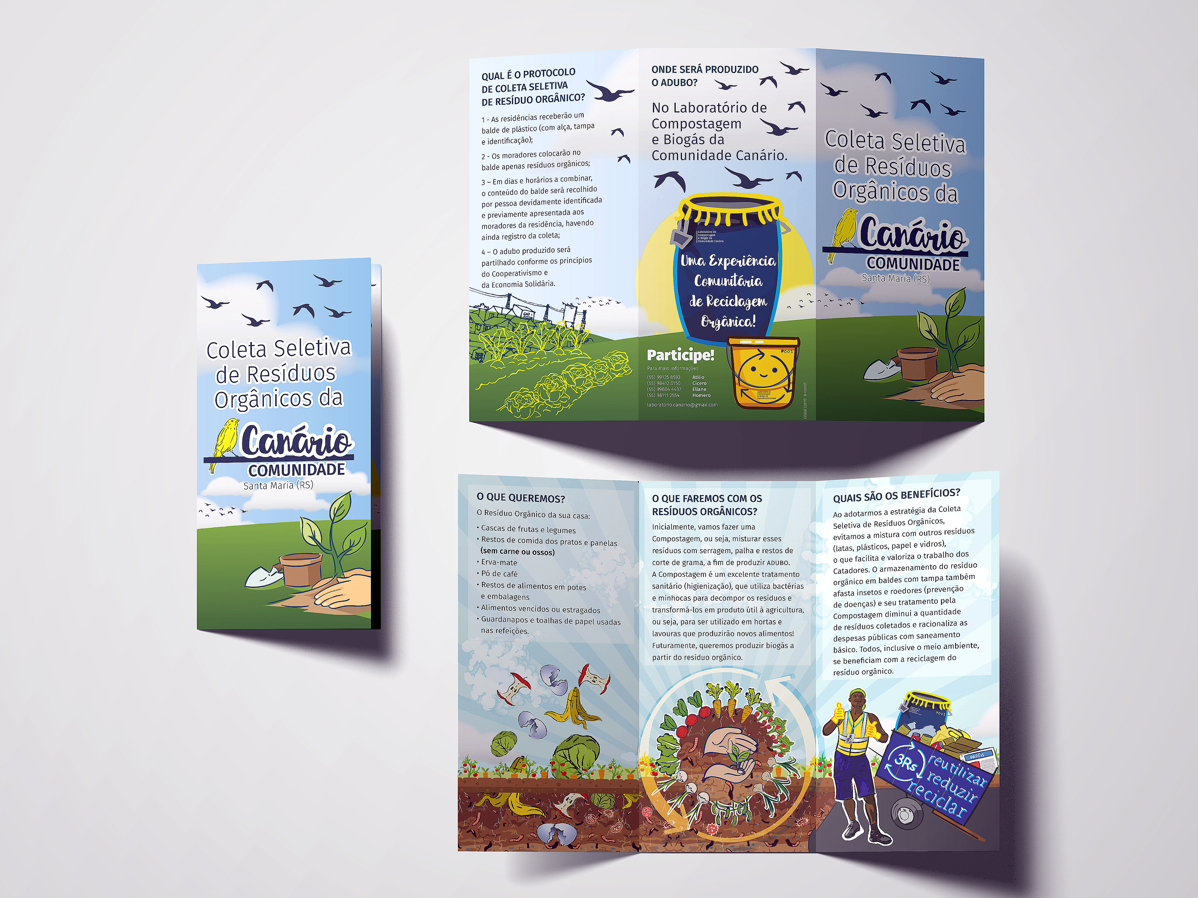 Illustration and design of the folder made for the Canário Community of Santa Maria (RS), addressing the selective collection of organics and the importance of composting and recycling. ♻️🌱