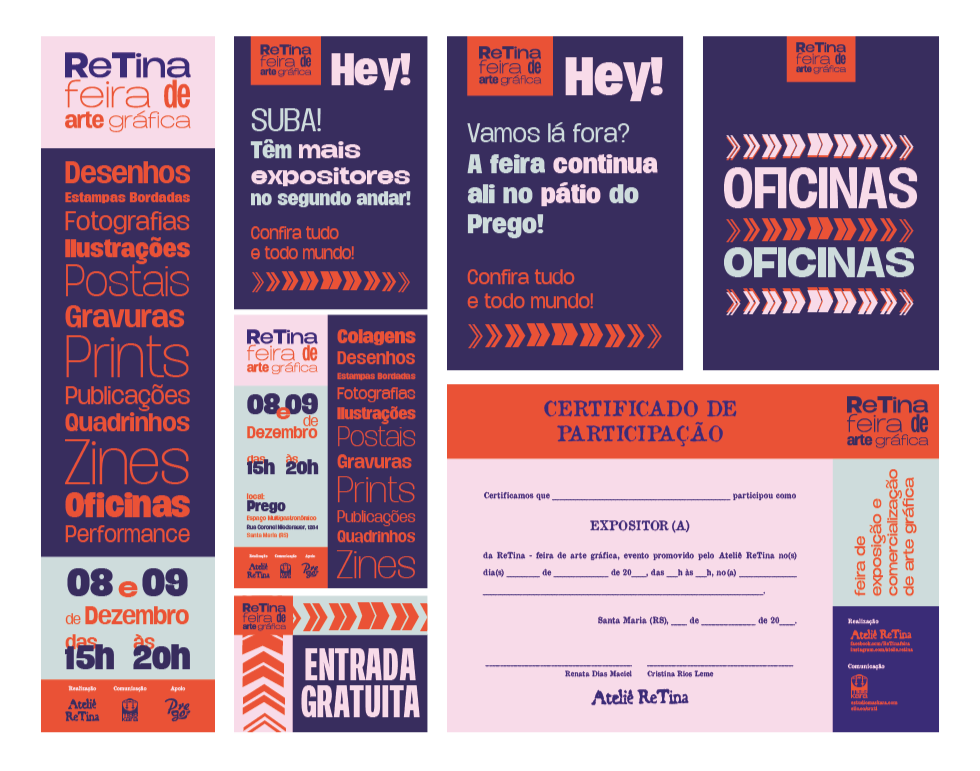 Visual identity design for the ReTina graphic art fair, including advertising, signage and certificate