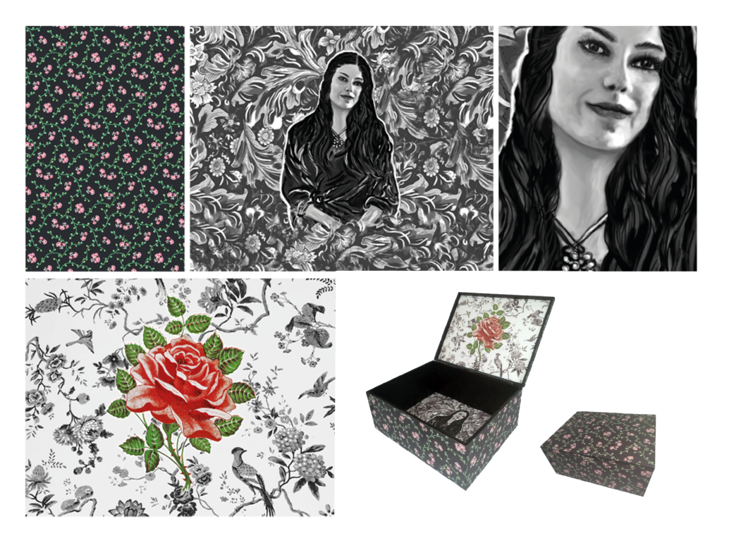 Personalized order for a gift where a digital painting was made from the photograph, creation of a personalized pattern, printing on fabric and gluing to the personalized box.