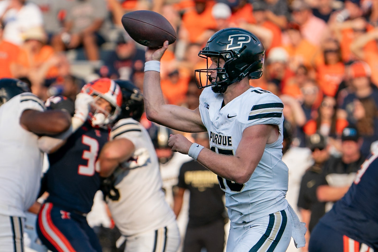 CHAMPAIGN, IL - OCTOBER 12, 2024: Purdue University Redshirt Freshman Quaterback Ryan Browne (15) during the Purdue University Boilermakers at University of Illinois Fighting Illini Football game at Memorial Stadium(Photo by Steve Bowen / Bowen Arrow Photography / Northern Indiana Sports Report)