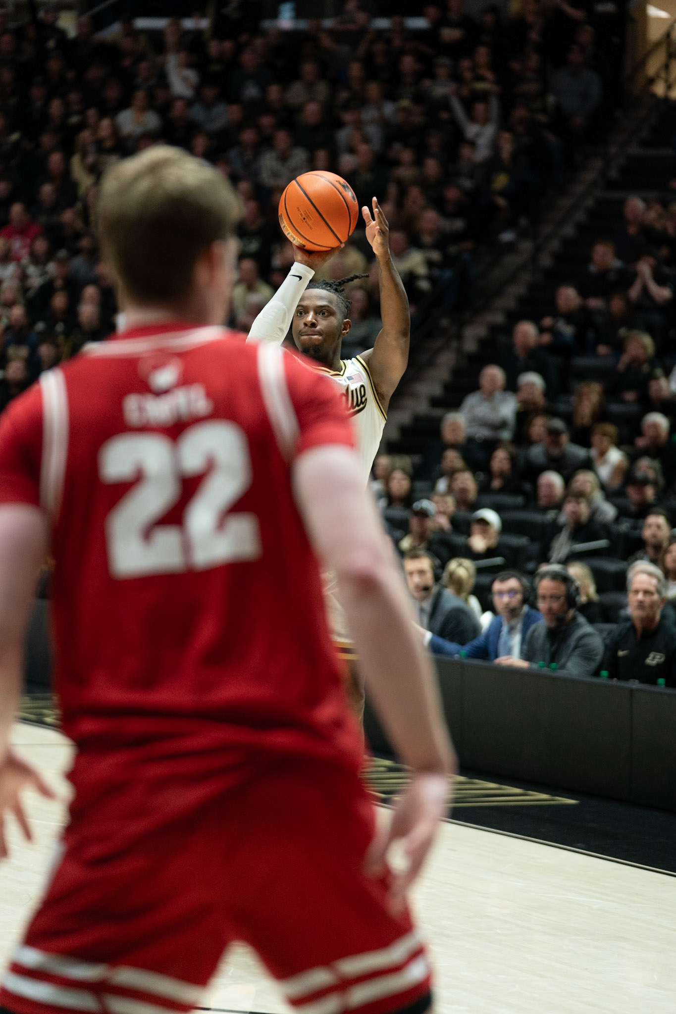 WEST LAFAYETTE, IN - MARCH 10, 2024: Purdue 5th year Guard Lance Jones (55) in Purdue University Boilermaker Basketball vs University of Wisconsin Badgers at Mackey Arena(Photo by Steve Bowen / Bowen Arrow Photography / Northern Indiana Sports Report)