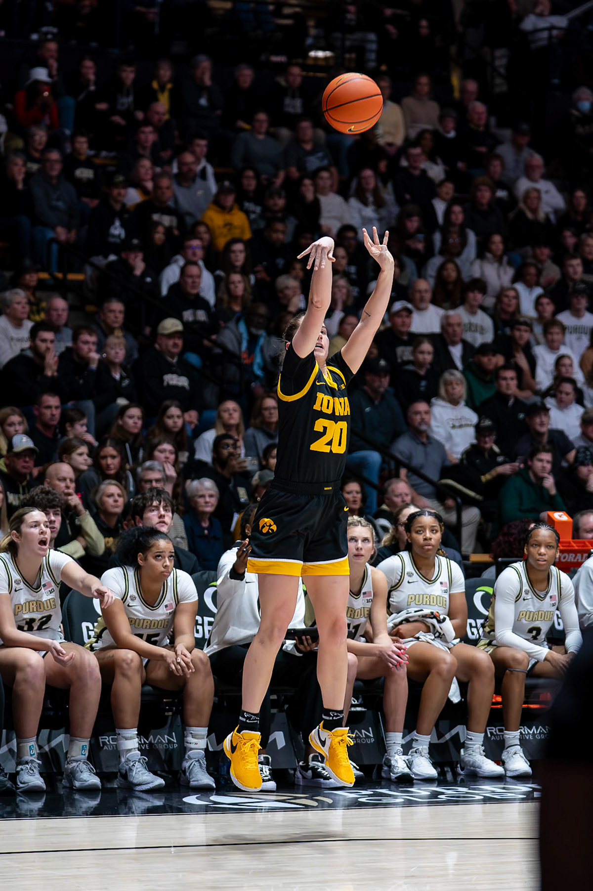 WEST LAFAYETTE, IN - JANUARY 10, 2024: Iowa Guard Graduate Kate Martin (20) competing in Purdue Boilermaker Women's Basketball vs the Iowa Hawkeyes at Mackey Arena(Photo by Steve Bowen / Bowen Arrow Photography / Northern Indiana Sports Report)