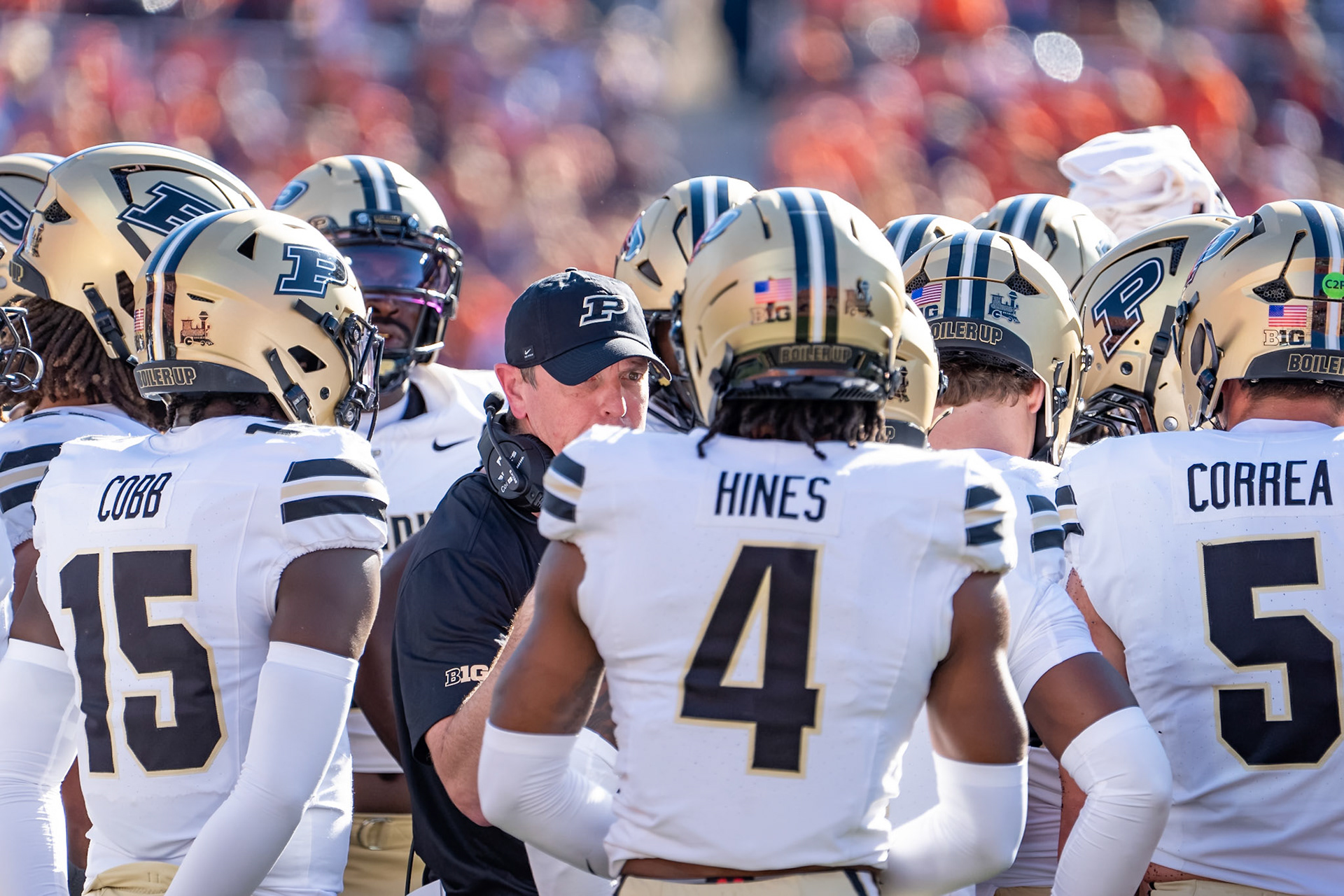 CHAMPAIGN, IL - OCTOBER 3, 2026: Purdue University Defensive Coordinator Kevin Kane, Purdue University Junior Defensive Back Hudauri Hines (4), Purdue University Freshman Defensive Back Vi'Naz Cobb (15) during the Purdue Boilermakers at Illinois Fighting Illini football game at Gies Memorial Stadium(Photo by Steve Bowen / Northern Indiana Sports Report)
