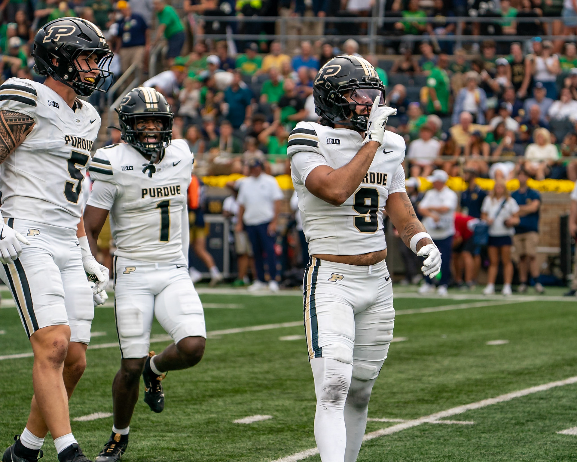 SOUTH BEND, IN - SEPTEMBER 20, 2025: Purdue University's Senior Defensive Back Myles Slusher (9) gives the quiet sound to the Irish fans after causing a sack fumble during the Purdue Boilermakers at Notre Dame Fighting Irish Football at Notre Dame Stadium(Photo by Steve Bowen / Northern Indiana Sports Report)
