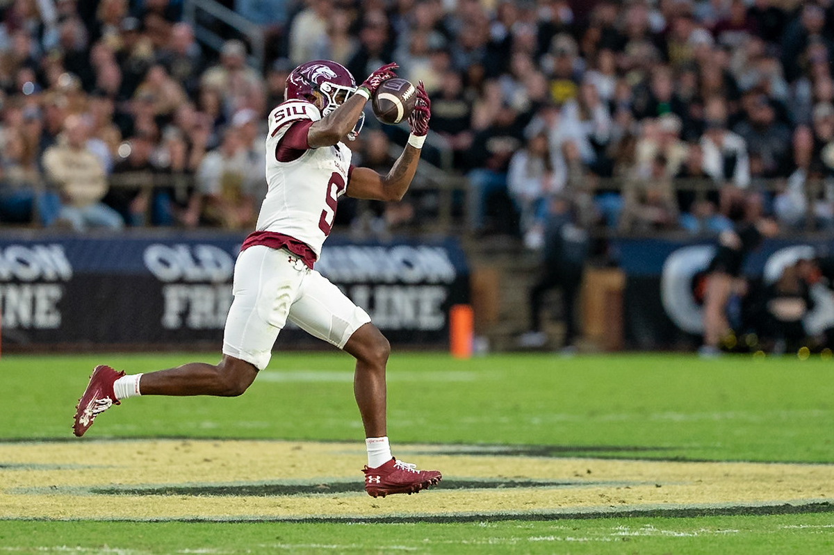 WEST LAFAYETTE, IN - SEPTEMBER 6, 2025: Southern Illinois University Sr. WR Fabian McCray (9) catches as pass and heads to the endzone at Purdue Boilermaker Football vs Southern Illinois Saluki Football at Ross-Ade Stadium(Photo by Steve Bowen / Northern Indiana Sports Report)