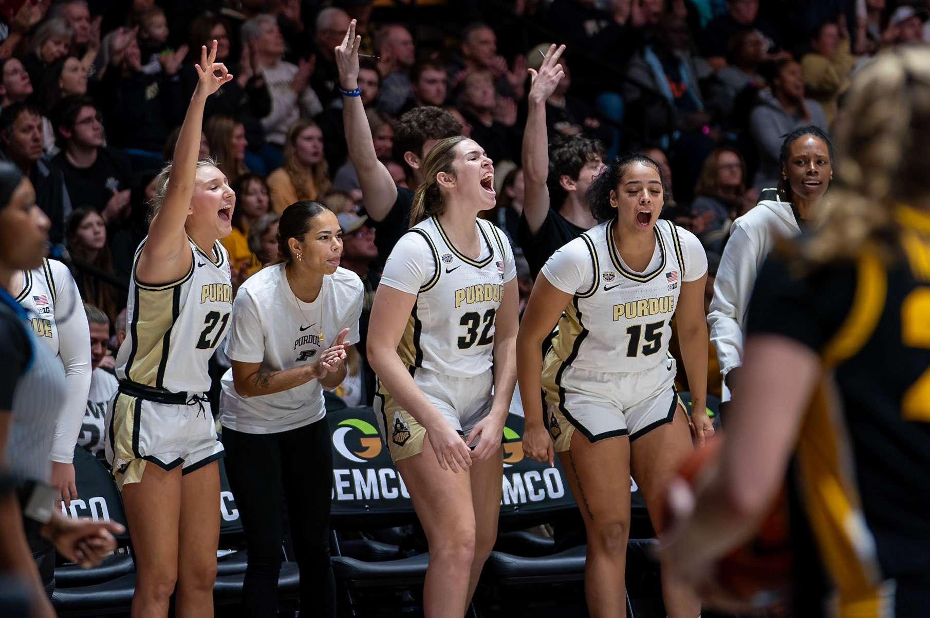 WEST LAFAYETTE, IN - JANUARY 10, 2024: Purdue Freshman Guard Emily Monson (21), Purdue Sophomore Forward Alaina Harper (32), Purdue Sophomore Forward Mila Reynolds (15), Purdue Freshman Guard Amiyah Reynolds (1) competing in Purdue Boilermaker Women's Basketball vs the Iowa Hawkeyes at Mackey Arena(Photo by Steve Bowen / Bowen Arrow Photography / Northern Indiana Sports Report)