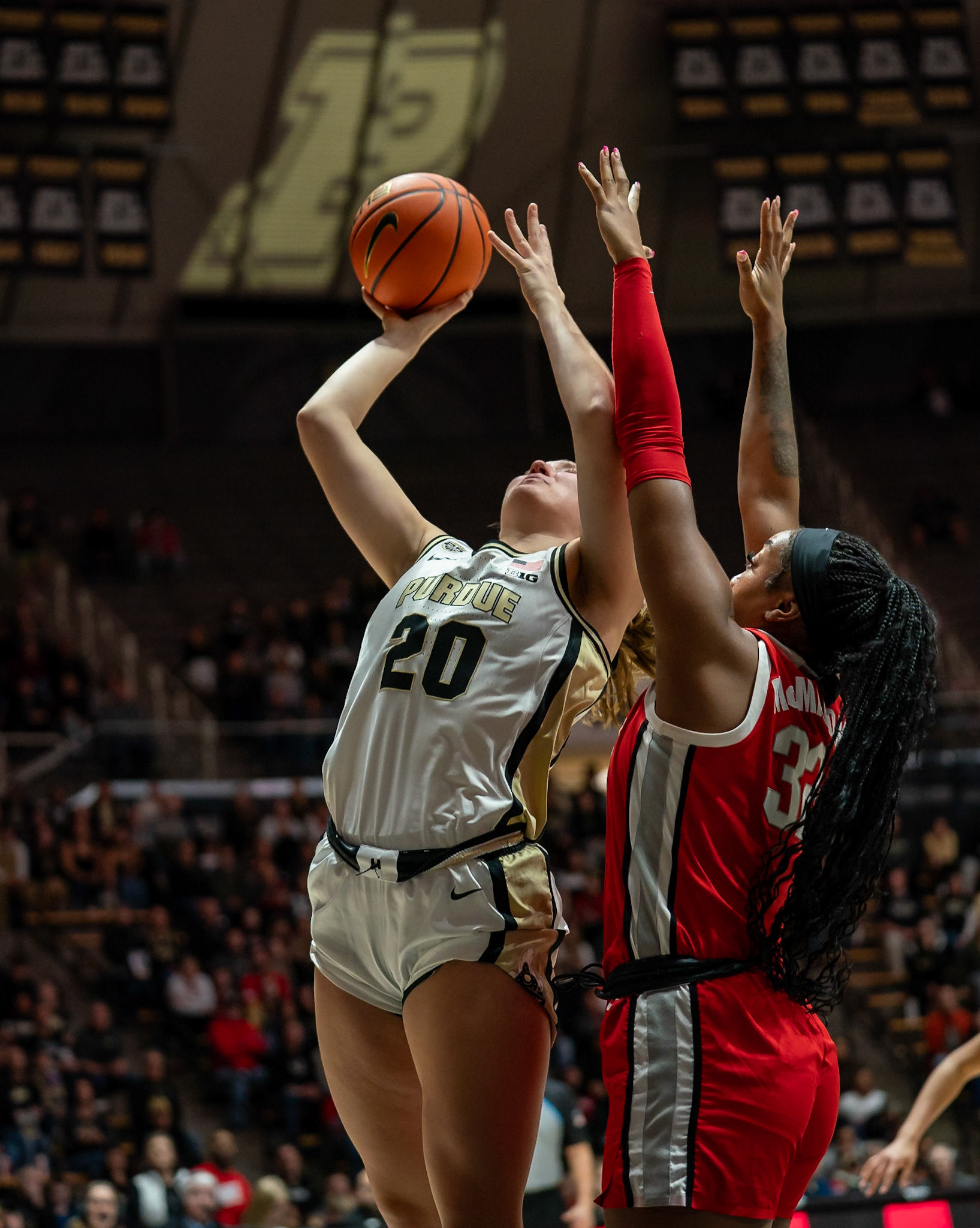 WEST LAFAYETTE, IN - JANUARY 28, 2024: Purdue Freshman Forward Mary Ashley Stevenson (20), Ohio State Forward Sophomore Cotie McMahon (32) competing in Purdue Boilermaker Women's Basketball versus the Ohio State Buckeyes at Mackey Arena(Photo by Steve Bowen / Bowen Arrow Photography / Northern Indiana Sports Report)