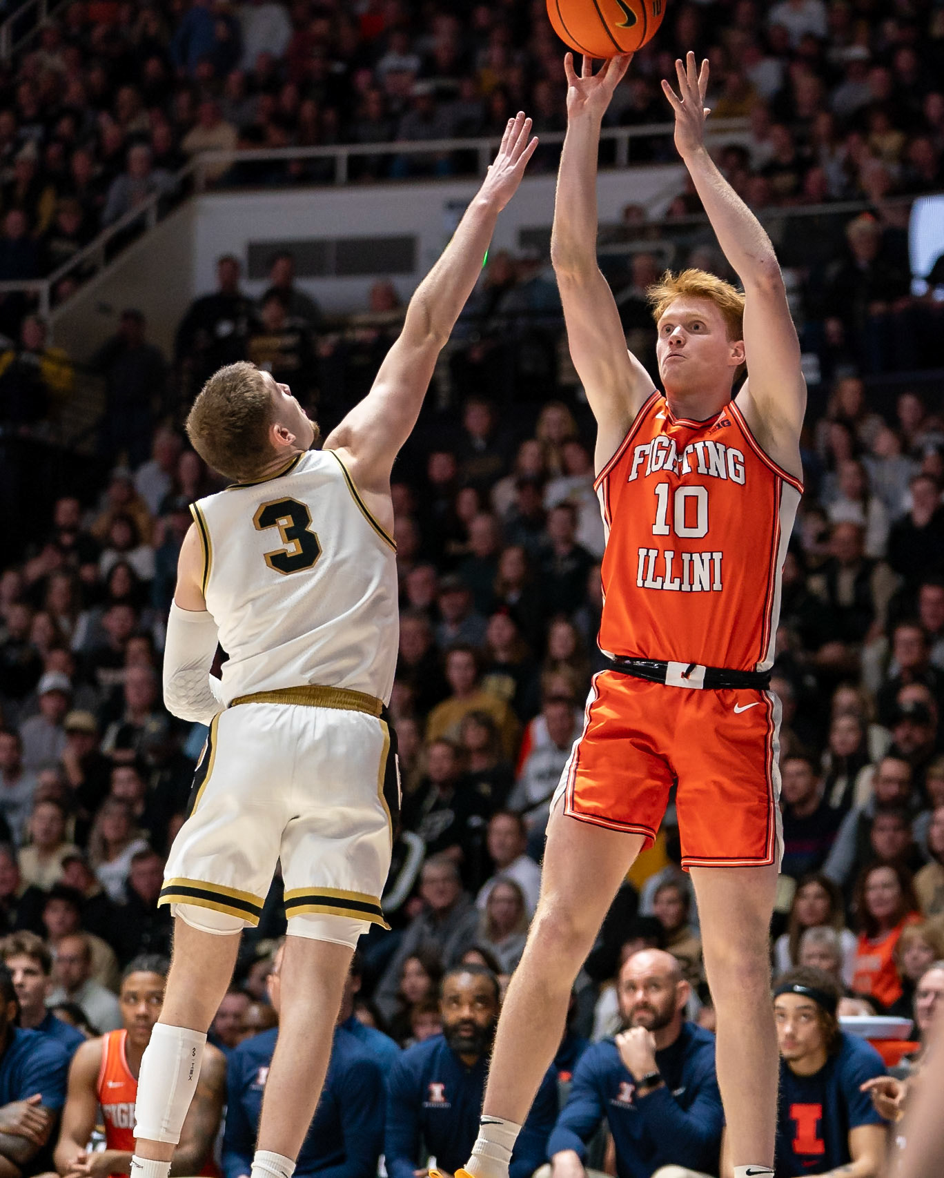 WEST LAFAYETTE, IN - JANUARY 5, 2024: Illinois Junior Guard/Forward Luke Goode (10) puts up a shot while Purdue Sophomore Guard Braden Smith (3) guards him in Purdue Boilermaker's Basketball vs the Illinois Fighting Illini at Mackey Arena(Photo by Steve Bowen / Bowen Arrow Photography / Northern Indiana Sports Report)