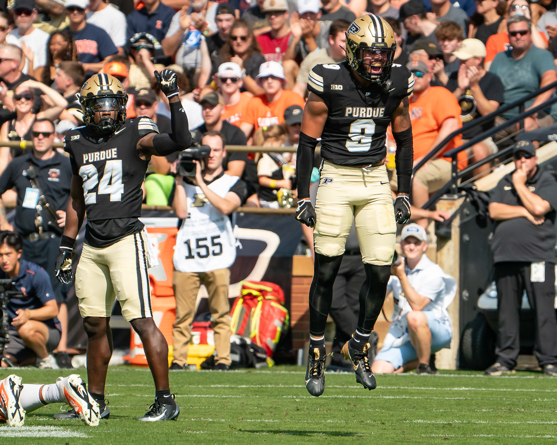 WEST LAFAYETTE, IN - OCTOBER 4, 2025: Purdue University Junior Defensive End CJ Madden (8) shows his excitement and Purdue University Senior Defensive Back An'Darius Coffey (24) signals fourth down after the Boilers make a big stop during the Purdue Boilermaker Football vs University of Illinois Fighting Illini at Ross-Ade Stadium(Photo by Steve Bowen / Northern Indiana Sports Report)