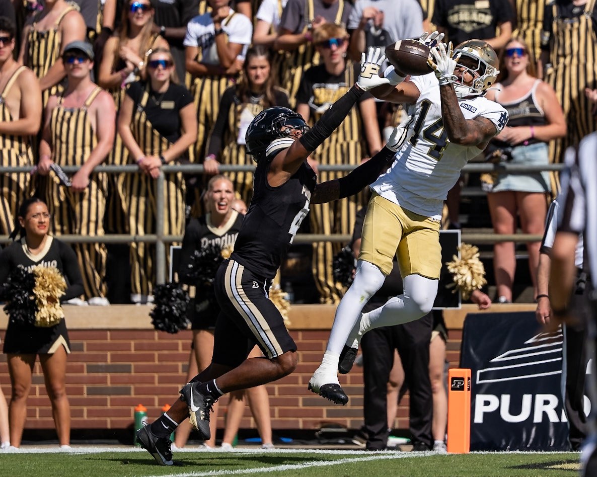WEST LAFAYETTE, IN - SEPTEMBER 26, 2026: Notre Dame University Junior WR Micah Gilbert (14), Purdue University Junior Defensive Back Hudauri Hines (4) during the Purdue Boilermakers vs Notre Dame Fighting Irish football game at Ross-Ade Stadium(Photo by Steve Bowen / Northern Indiana Sports Report)