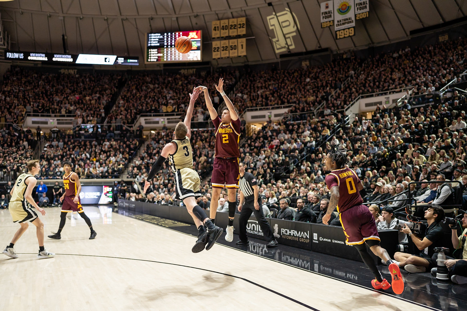 WEST LAFAYETTE, IN - FEBRUARY 15, 2024: Minnesota Junior Guard Mike Mitchell Jr. (2), Purdue Sophomore Guard Braden Smith (3) in Purdue Boilermakers Men's Basketball vs the Minnesota Golden Gophers at Mackey Arena(Photo by Steve Bowen / Bowen Arrow Photography / Northern Indiana Sports Report)