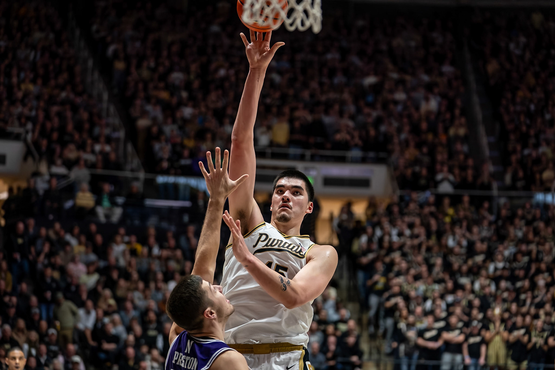 WEST LAFAYETTE, IN - JANUARY 31, 2024: Purdue Senior Center Zach Edey (15) competing in Purdue Boilermakers Mens Basketball versus the Northwestern Wildcats at Mackey Arena(Photo by Steve Bowen / Bowen Arrow Photography / Northern Indiana Sports Report)