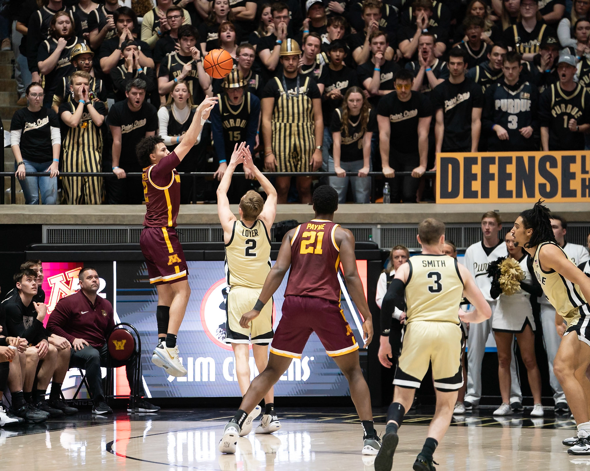 WEST LAFAYETTE, IN - FEBRUARY 15, 2024: Minnesota Junior Guard Mike Mitchell Jr. (2), Purdue Sophomore Guard Fletcher Loyer (2) in Purdue Boilermakers Men's Basketball vs the Minnesota Golden Gophers at Mackey Arena(Photo by Steve Bowen / Bowen Arrow Photography / Northern Indiana Sports Report)