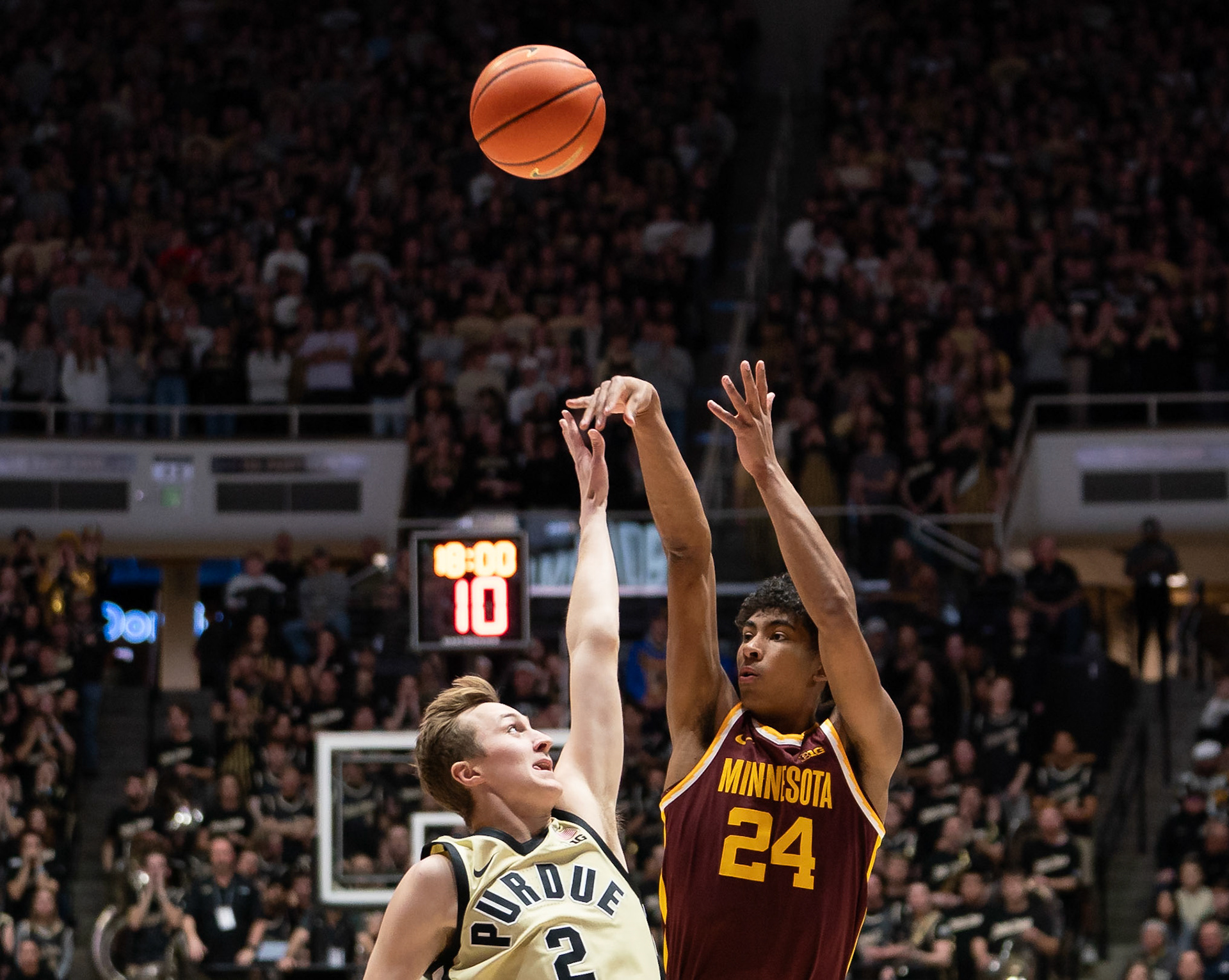 WEST LAFAYETTE, IN - FEBRUARY 15, 2024: Minnesota Freshman Guard Cam Christie (24), Purdue Sophomore Guard Fletcher Loyer (2) in Purdue Boilermakers Men's Basketball vs the Minnesota Golden Gophers at Mackey Arena(Photo by Steve Bowen / Bowen Arrow Photography / Northern Indiana Sports Report)