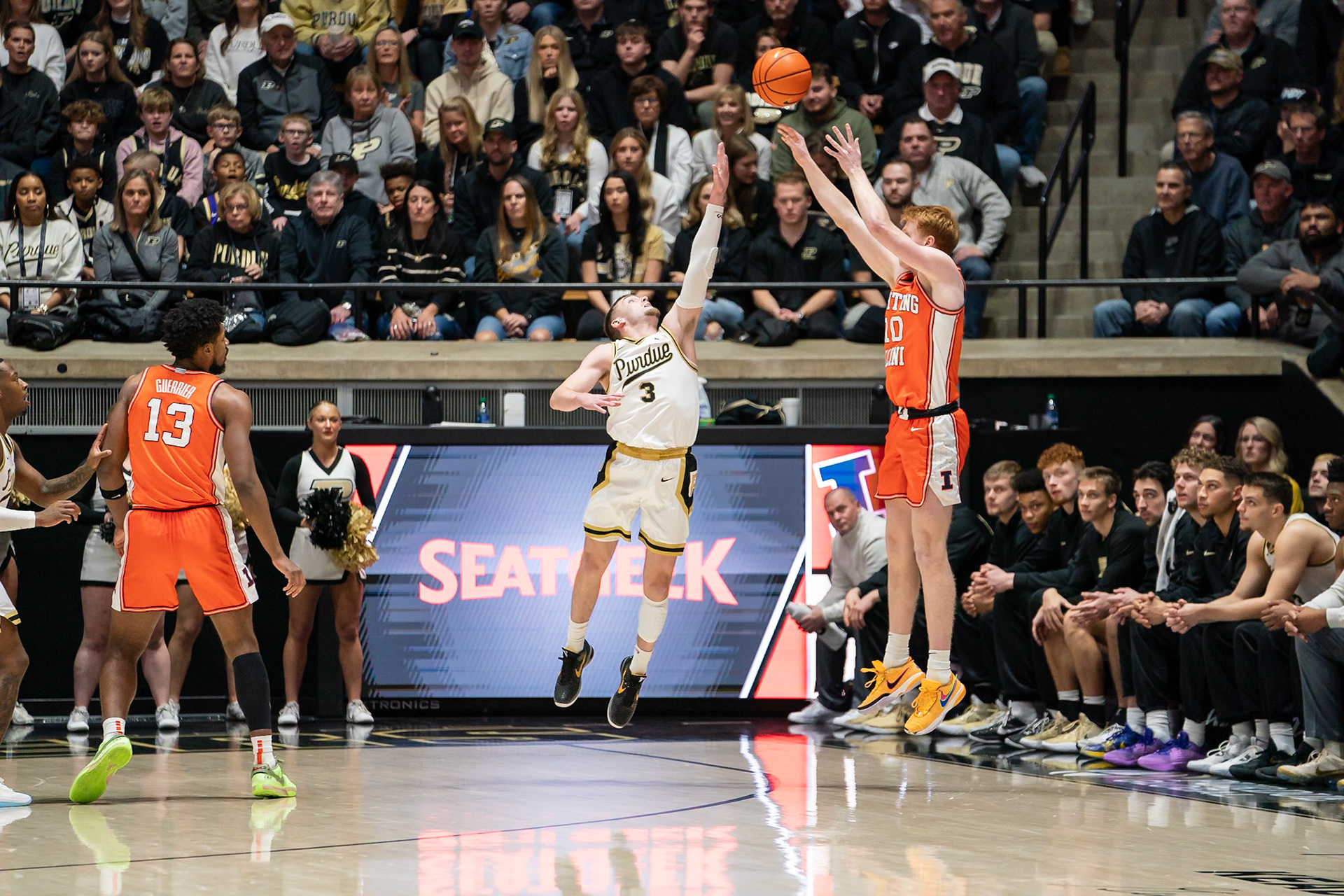 WEST LAFAYETTE, IN - JANUARY 5, 2024: Illinois Junior Guard/Forward Luke Goode (10) pulling up for three against Purdue Sophomore Guard Braden Smith (3) in Purdue Boilermaker's Basketball vs the Illinois Fighting Illini at Mackey Arena(Photo by Steve Bowen / Bowen Arrow Photography / Northern Indiana Sports Report)