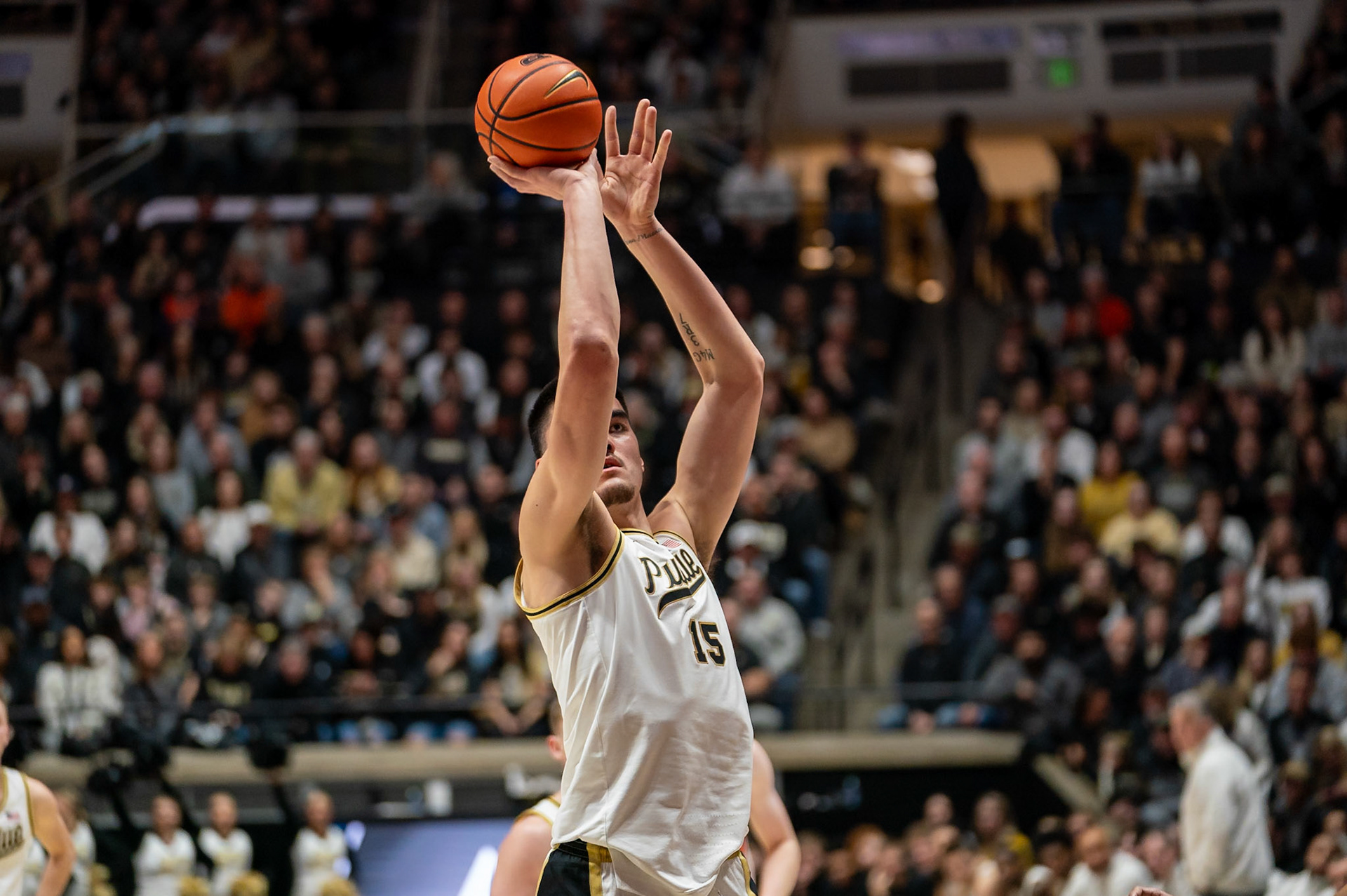WEST LAFAYETTE, IN - JANUARY 5, 2024: Purdue Senior Center Zach Edey (15) shooting a free throw in Purdue Boilermaker's Basketball vs the Illinois Fighting Illini at Mackey Arena(Photo by Steve Bowen / Bowen Arrow Photography / Northern Indiana Sports Report)