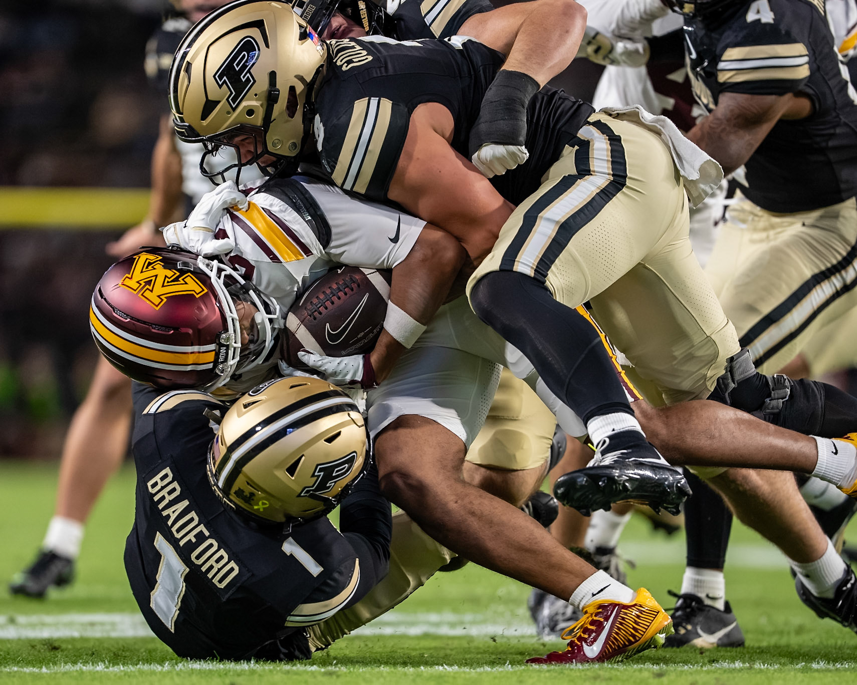 WEST LAFAYETTE, IN - OCTOBER 10, 2026: University of Minnesota Freshman WR Quayd Hendryx (89), Purdue University Junior Defensive Back Smiley Bradford (1), Purdue University Freshman Defensive Back Jett Goldsberry (3) during the Purdue Boilermakers vs Minnesota Golden Gophers football game at Ross-Ade Stadium(Photo by Steve Bowen / Northern Indiana Sports Report)