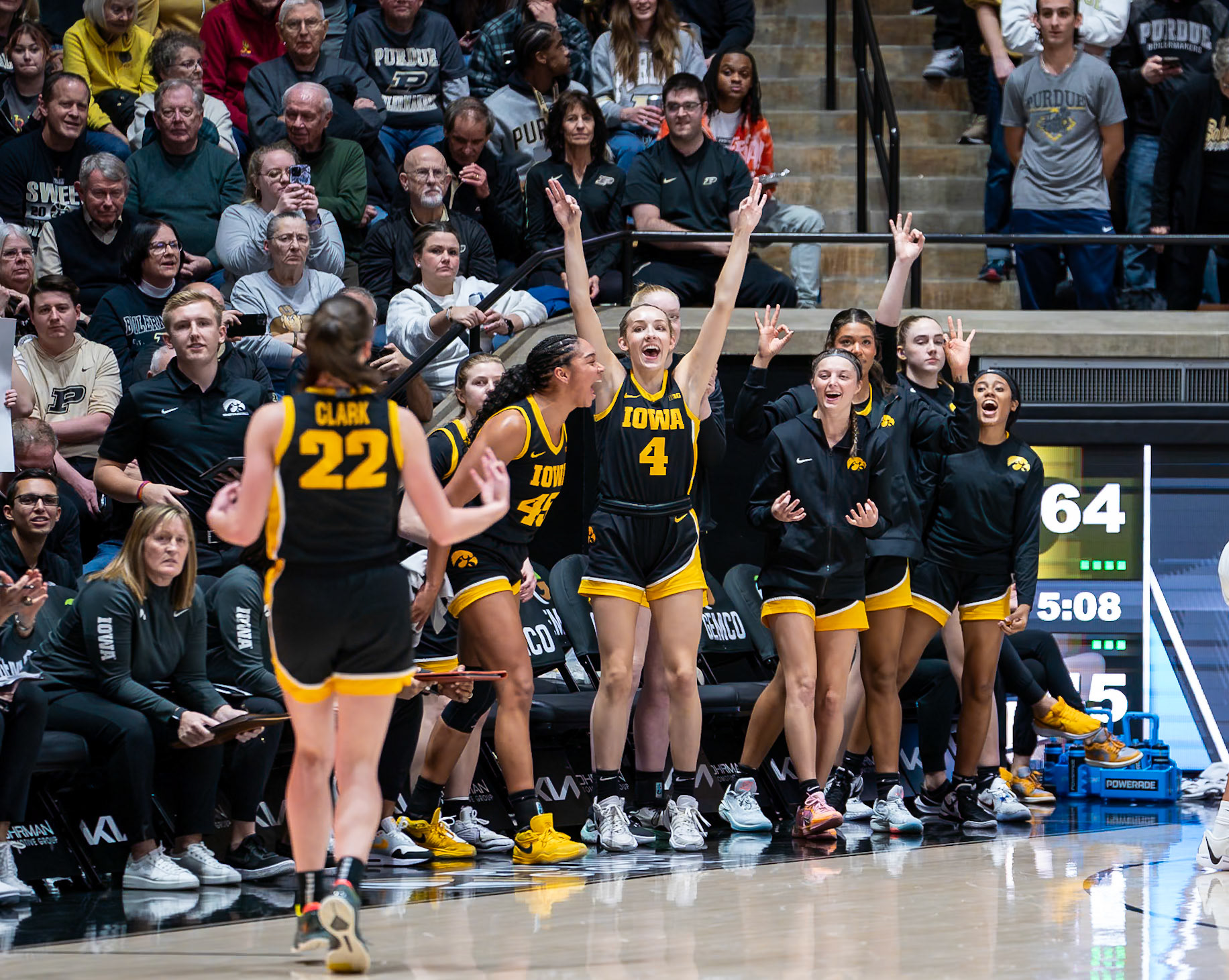 WEST LAFAYETTE, IN - JANUARY 10, 2024: Iowa Forward Sophomore Hannah Stuelke (45), Iowa Guard Redshirt Junior Kylie Feuerbach (4) competing in Purdue Boilermaker Women's Basketball vs the Iowa Hawkeyes at Mackey Arena(Photo by Steve Bowen / Bowen Arrow Photography / Northern Indiana Sports Report)