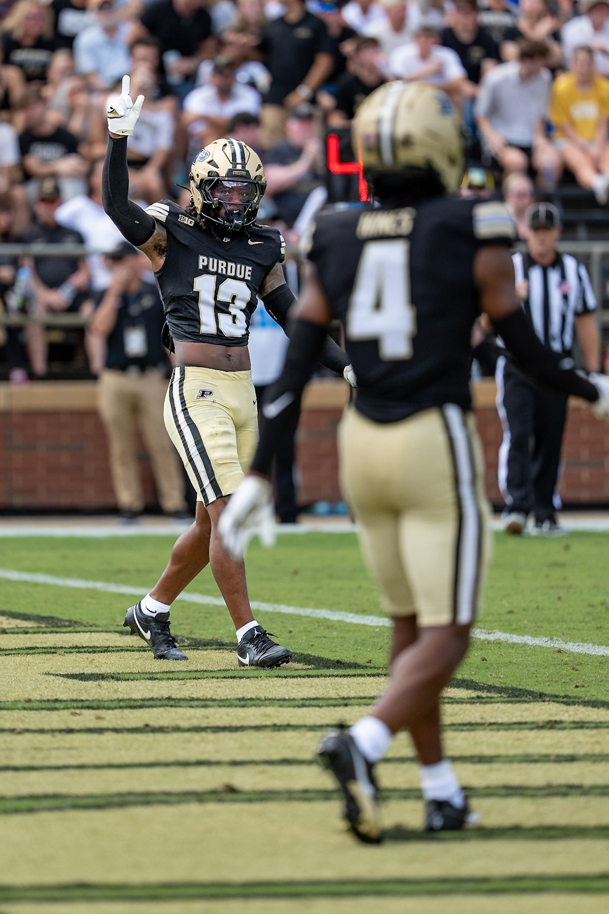 WEST LAFAYETTE, IN - SEPTEMBER 12, 2026: Purdue University Junior Defensive Back John Slaughter (13) celebrting a defense stop during the Purdue Boilermakers football game vs the Wake Forest Demon Deacons at Ross-Ade Stadium(Photo by Steve Bowen / Northern Indiana Sports Report)