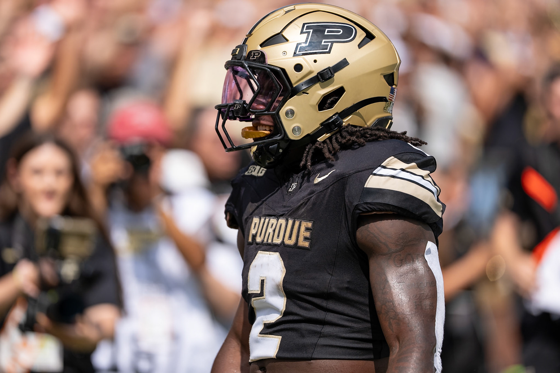 WEST LAFAYETTE, IN - SEPTEMBER 12, 2026: Purdue University Sophomore Running Back Fame Ijeboi (2) smiling after scoring the first Purdue touchdown of the game during the Purdue Boilermakers football game vs the Wake Forest Demon Deacons at Ross-Ade Stadium(Photo by Steve Bowen / Northern Indiana Sports Report)