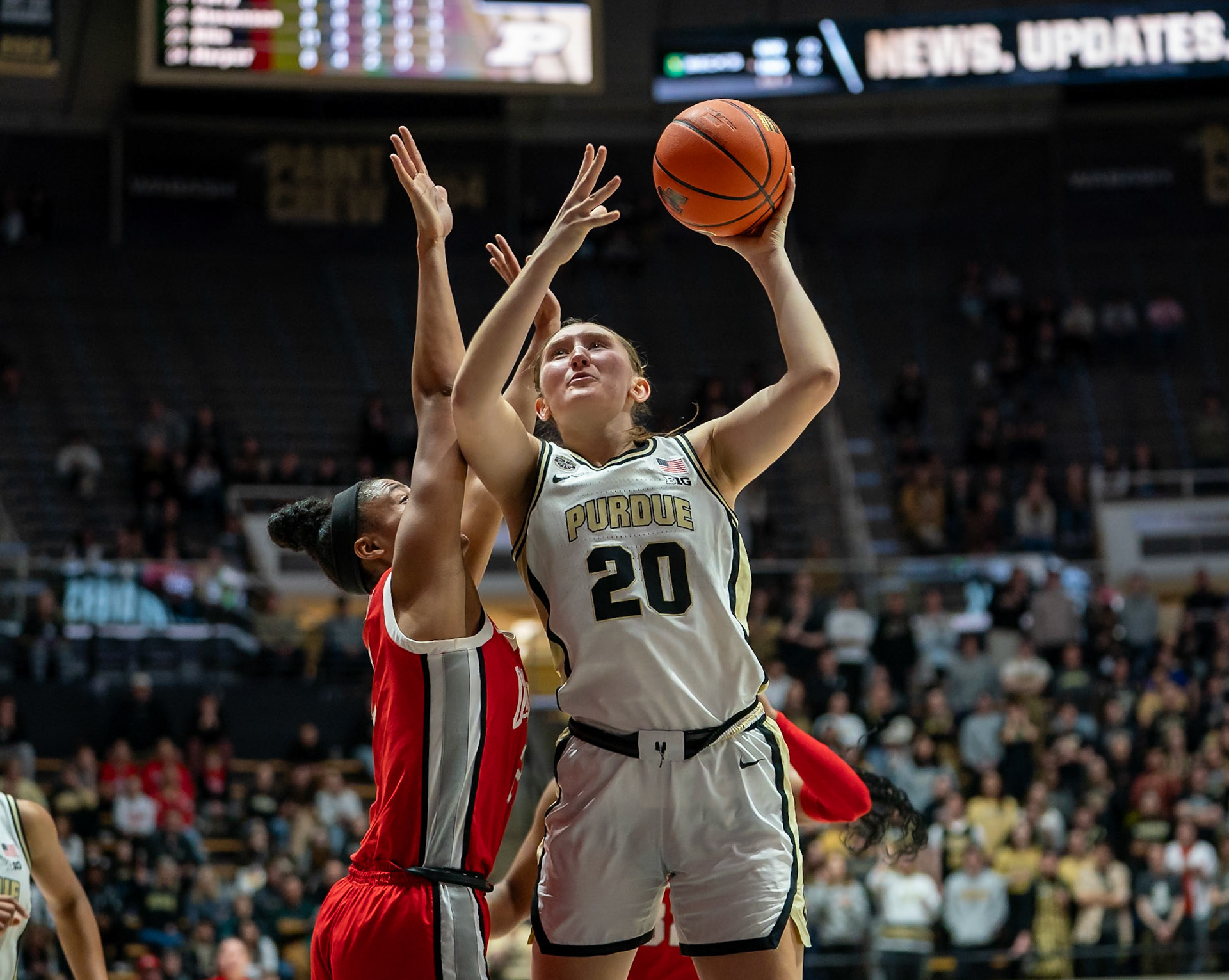 WEST LAFAYETTE, IN - JANUARY 28, 2024: Purdue Freshman Forward Mary Ashley Stevenson (20), Ohio State Guard/Forward Junior Taylor Thierry (2) competing in Purdue Boilermaker Women's Basketball versus the Ohio State Buckeyes at Mackey Arena(Photo by Steve Bowen / Bowen Arrow Photography / Northern Indiana Sports Report)
