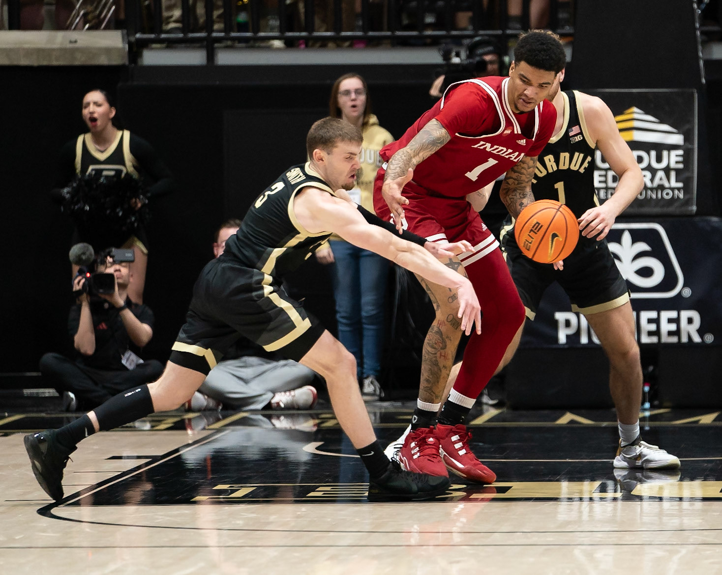 WEST LAFAYETTE, IN - FEBRUARY 10, 2024: Indiana Sophomore Center Kel'el Ware (1), Purdue Sophomore Guard Braden Smith (3), Purdue Junior Forward Caleb Furst (1) in Purdue Boilermaker vs Indiana Hoosiers Basketball at Mackey Arena(Photo by Steve Bowen / Bowen Arrow Photography / Northern Indiana Sports Report)