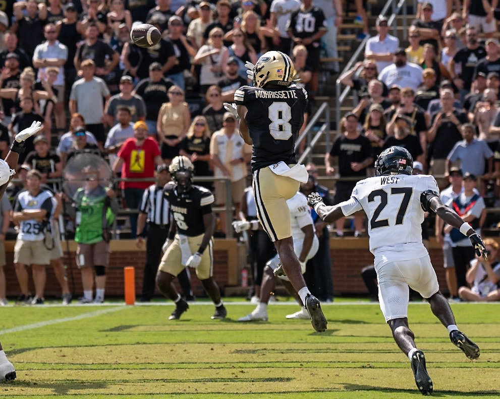 WEST LAFAYETTE, IN - SEPTEMBER 12, 2026: Purdue University Junior Wide Receiver De'Nylon Morrissette (8) jumps towards the ball as he makes a fourth down TD catch to help extend the Purdue Boilermakers football game vs the Wake Forest Demon Deacons at Ross-Ade Stadium(Photo by Steve Bowen / Northern Indiana Sports Report)