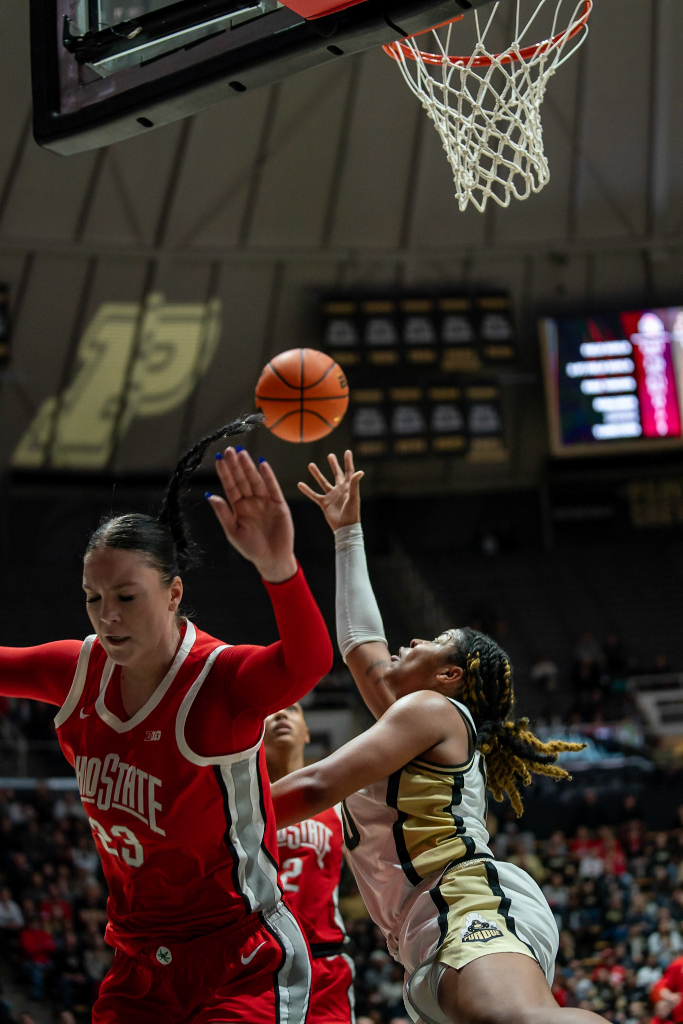 WEST LAFAYETTE, IN - JANUARY 28, 2024: Purdue 5th Year Guard Jeanae Terry (10), Ohio State Forward Graduate Rebeka Mikulášiková (23) competing in Purdue Boilermaker Women's Basketball versus the Ohio State Buckeyes at Mackey Arena(Photo by Steve Bowen / Bowen Arrow Photography / Northern Indiana Sports Report)