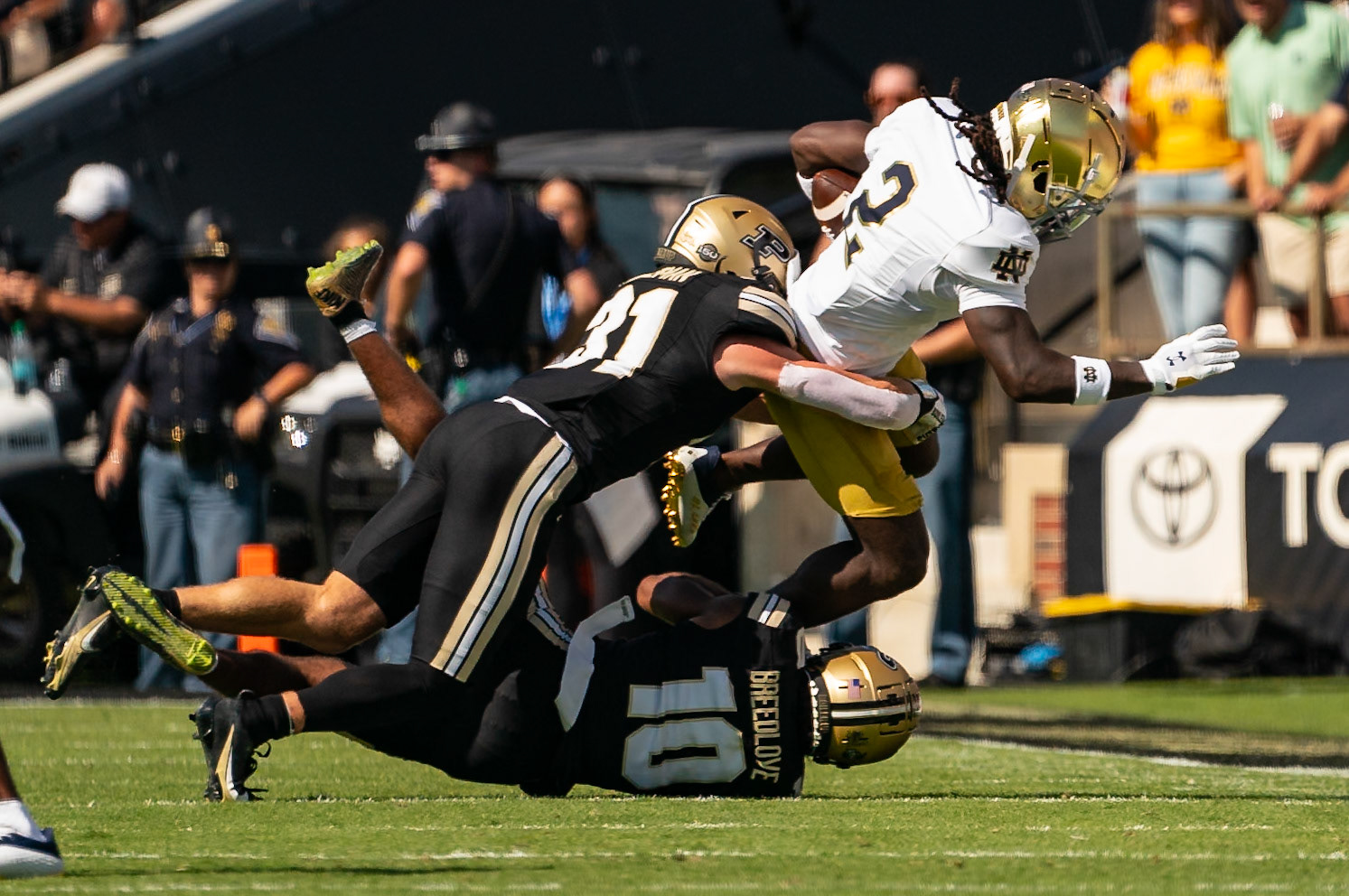 WEST LAFAYETTE, IN - SEPTEMBER 14, 2024: Notre Dame Grad Student WR Jayden Harrison (2), Purdue So. Defensive Back Dillon Thieneman (31), Purdue Jr. Defensive Back Kyndrich Breedlove (10) during the Purdue University Boilermakers vs Notre Dame Fighting Irish Football game at Ross-Ade Stadium(Photo by Steve Bowen / Bowen Arrow Photography / Northern Indiana Sports Report)
