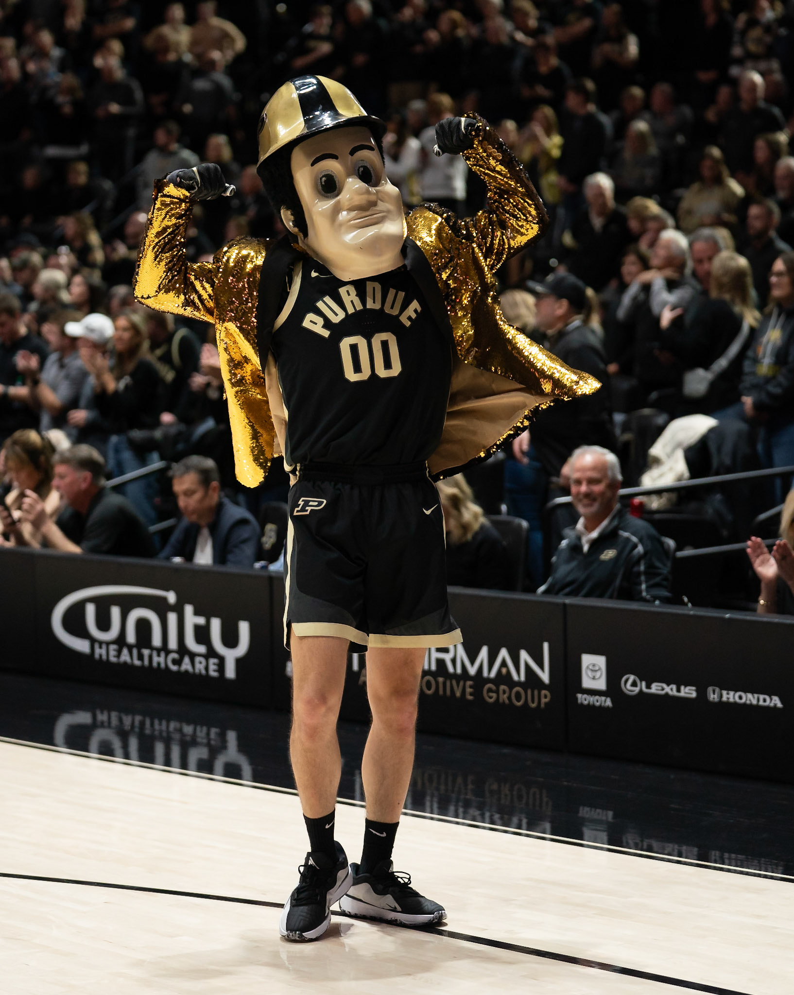 WEST LAFAYETTE, IN - FEBRUARY 10, 2024: Purdue Mascot Purdue Pete in Purdue Boilermaker vs Indiana Hoosiers Basketball at Mackey Arena(Photo by Steve Bowen / Bowen Arrow Photography / Northern Indiana Sports Report)