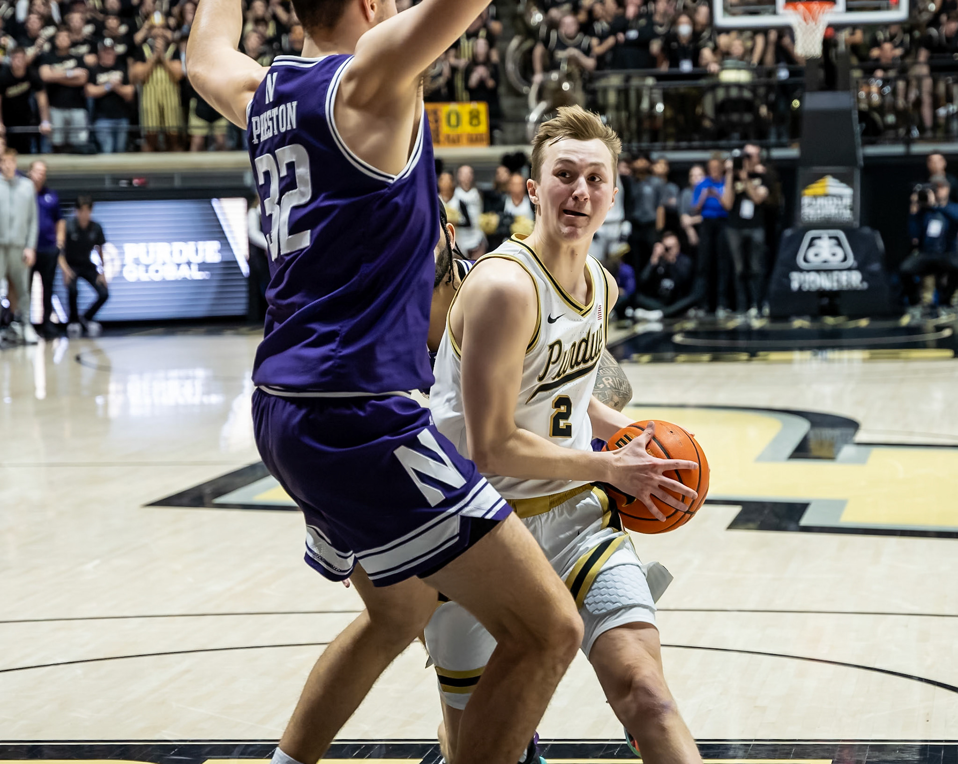 WEST LAFAYETTE, IN - JANUARY 31, 2024: Purdue Sophomore Guard Fletcher Loyer (2), Northwestern Graduate Forward Blake Preston (32) competing in Purdue Boilermakers Mens Basketball versus the Northwestern Wildcats at Mackey Arena(Photo by Steve Bowen / Bowen Arrow Photography / Northern Indiana Sports Report)