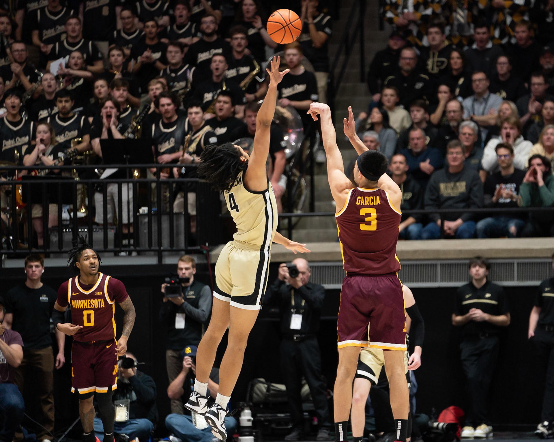 WEST LAFAYETTE, IN - FEBRUARY 15, 2024: Minnesota Junior Forward Dawson Garcia (3), Purdue Sophomore Forward Trey Kaufman-Renn (4) in Purdue Boilermakers Men's Basketball vs the Minnesota Golden Gophers at Mackey Arena(Photo by Steve Bowen / Bowen Arrow Photography / Northern Indiana Sports Report)