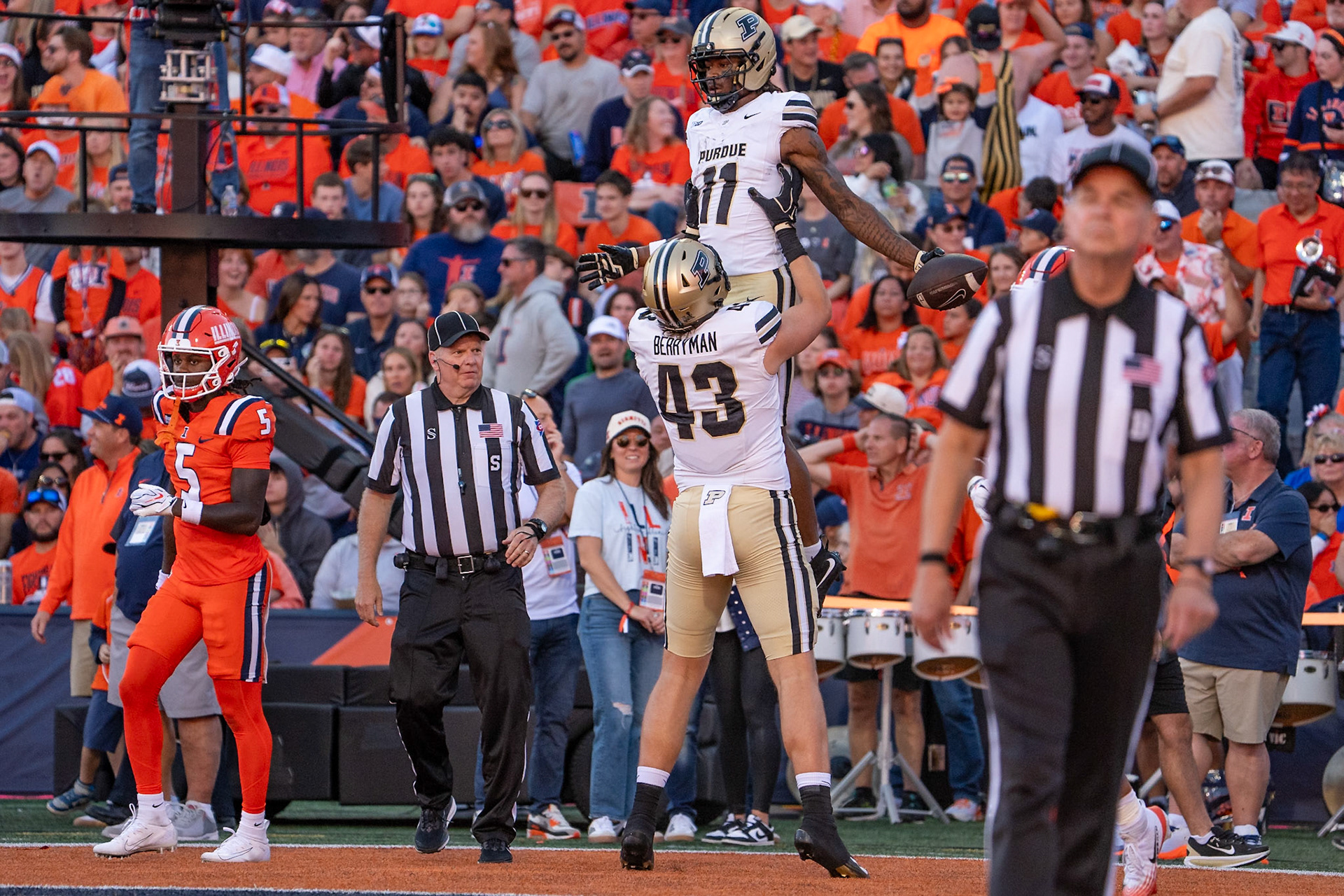CHAMPAIGN, IL - OCTOBER 3, 2026: Purdue University Wide Receiver Tra'Mar Harris (11), Purdue University Freshman Tight End Jackson Berryman (43) during the Purdue Boilermakers at Illinois Fighting Illini football game at Gies Memorial Stadium(Photo by Steve Bowen / Northern Indiana Sports Report)