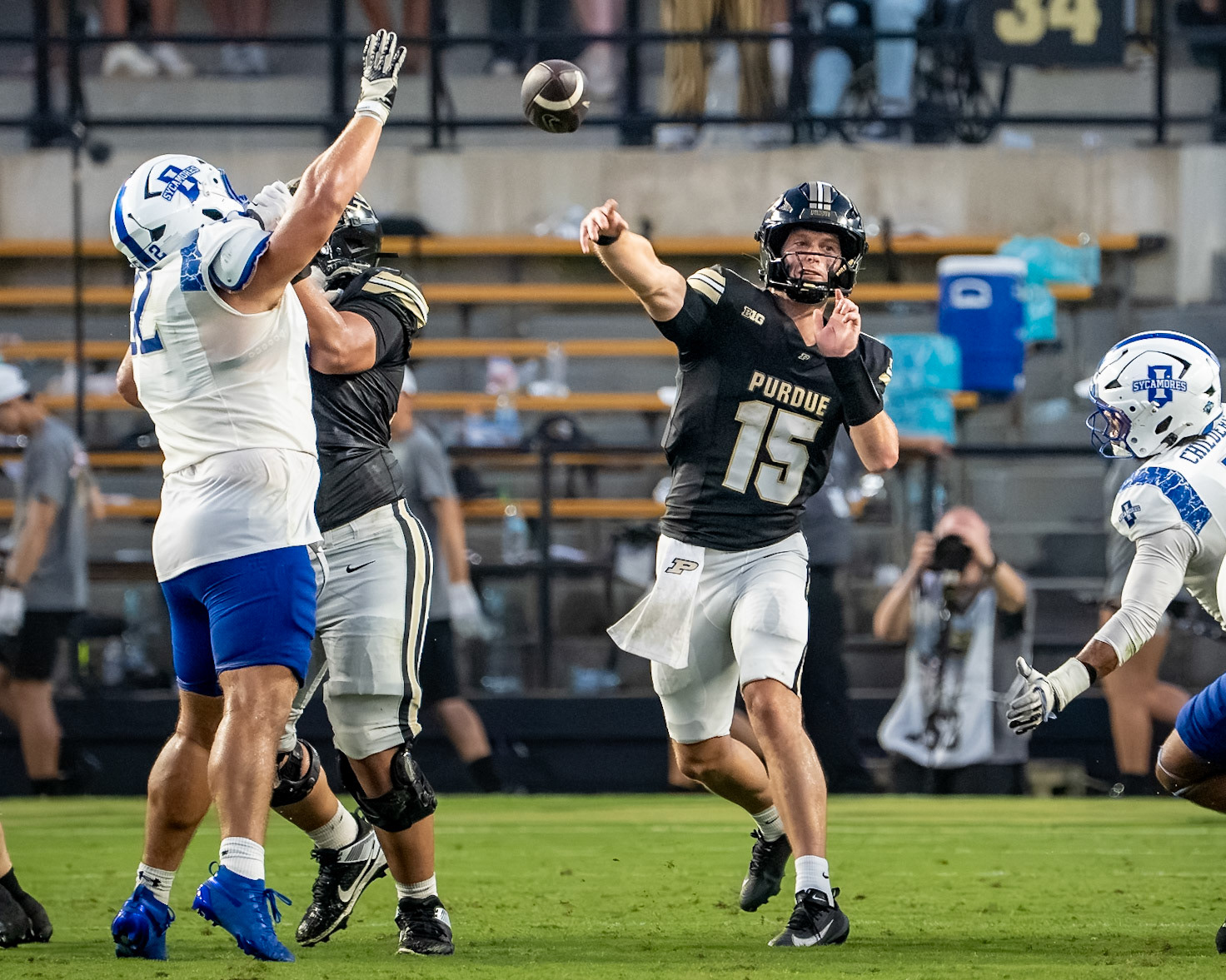 WEST LAFAYETTE, IN - SEPTEMBER 4, 2026: Purdue University Quarterback Ryan Browne (15) throws a pass during the Purdue Boilermaker Football game vs the Indiana State Sycamores at Ross-Ade Stadium(Photo by Steve Bowen / Northern Indiana Sports Report)